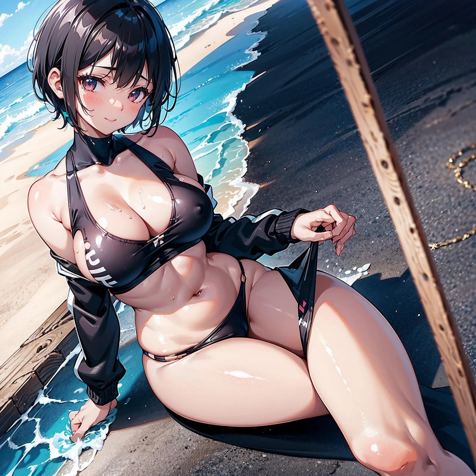 NSFW, Lwrd,(brown skin),(gigantic breasts),(ecstasy)light smile,sweat,girl,training wear,push up,(black hair:1.2), (black eyes), (pixie cut:1.3), hair ribbon,sparkling,(ultra detailed perfect piece:1.2), illustration, masterpiece, (extremely detailed CG 8k), (very fine 8K CG),competition swimsuit, 1girl, skinny body, pool, beach,large nipple,Erection Nipple
