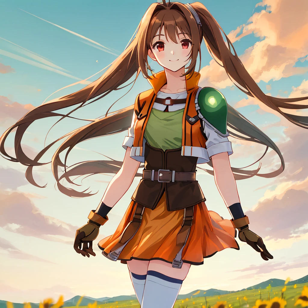 masterpiece, best quality, scEstelle, cropped jacket, green shoulder pad, tan shirt, orange skirt, belt, brown gloves, white thighhighs, upper body, smile, sky, clouds, field, sun, standing, looking at viewer,