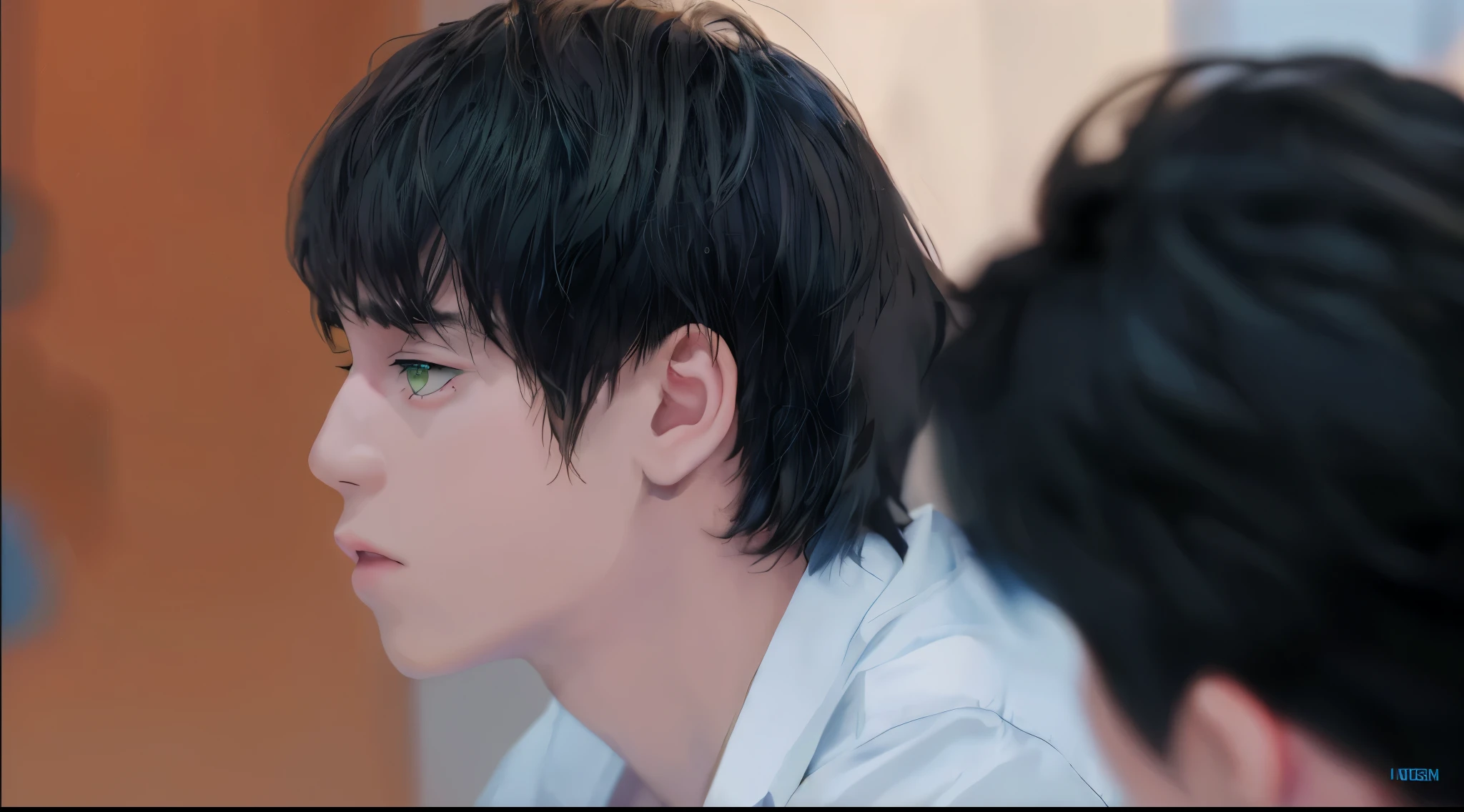 There is a 15-year-old man with green hair, green eyes, in profile next to a friend who looks at him, thoughtful, worried, in a blue shirt.