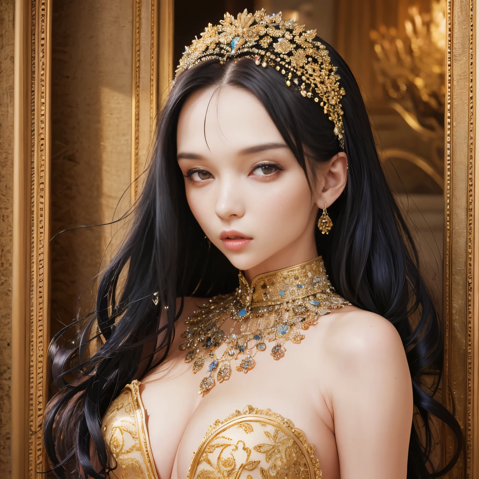 Masterpiece, high quality, 4K, beautiful design, shiny, from the front, award winning photo, extremely detailed, amazing, fine detail, absurdres, highly detailed woman, extremely detailed eyes and face,  solo, 1girl, babe, glossy, wifs, sparkling fabric, incrusted with jewels, visible midriff , woman wearing a wifs, posing inside a castle with an oriental architecture, golden embroidery,  jenya.d 