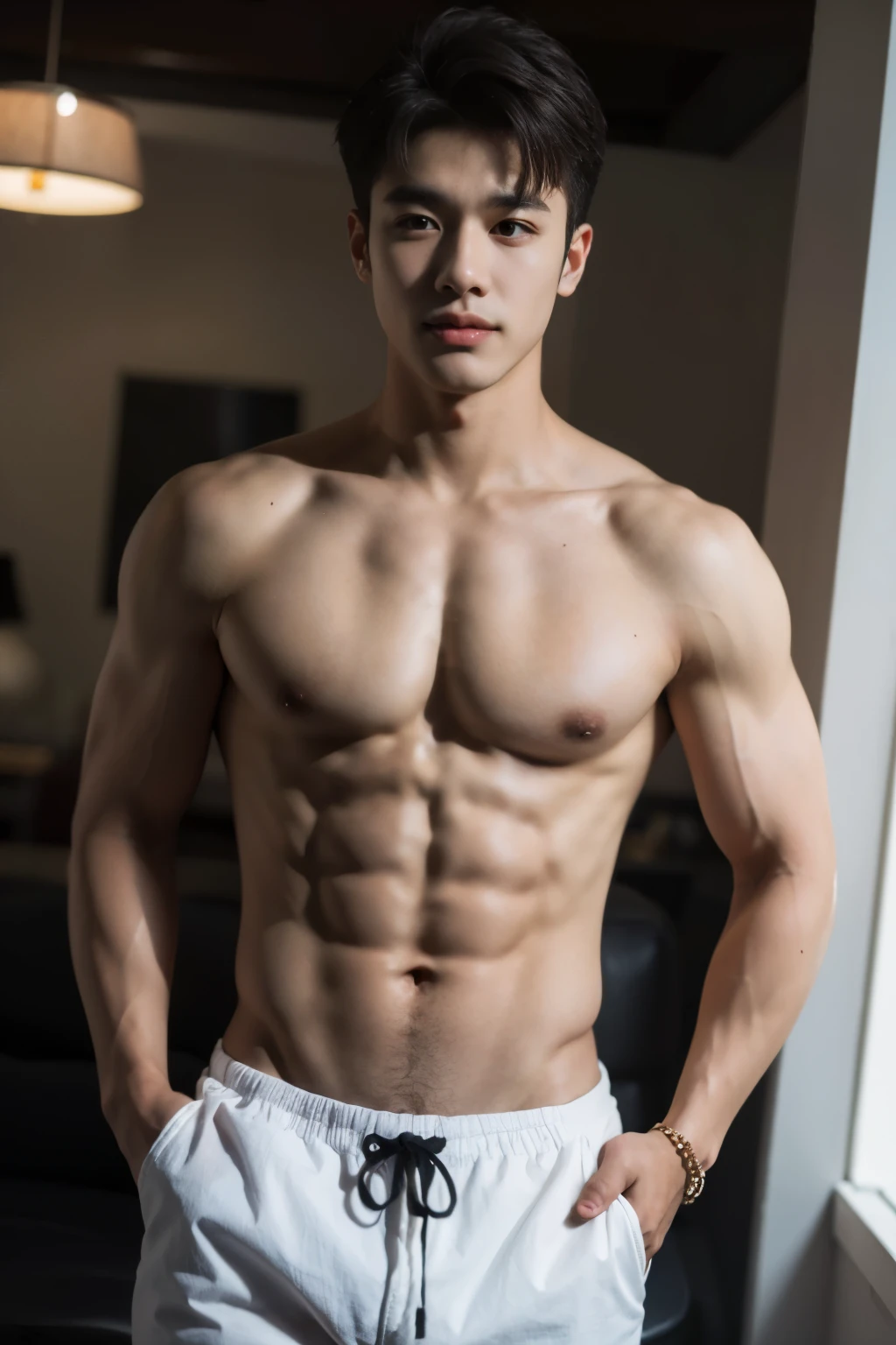 Realistic, (master part, Qualidade Superior, best quality, Arte Oficial), Very detailed, colorido, mais detalhado, DEUS, short hair, cabelos pretos, 2 homem bonito, mar, colar, Praia, peitoral, Abs, Brown skin, olhos azuis, sorriso bonito, musculoso, ((ombros largos cintura estreita)), not shirt,