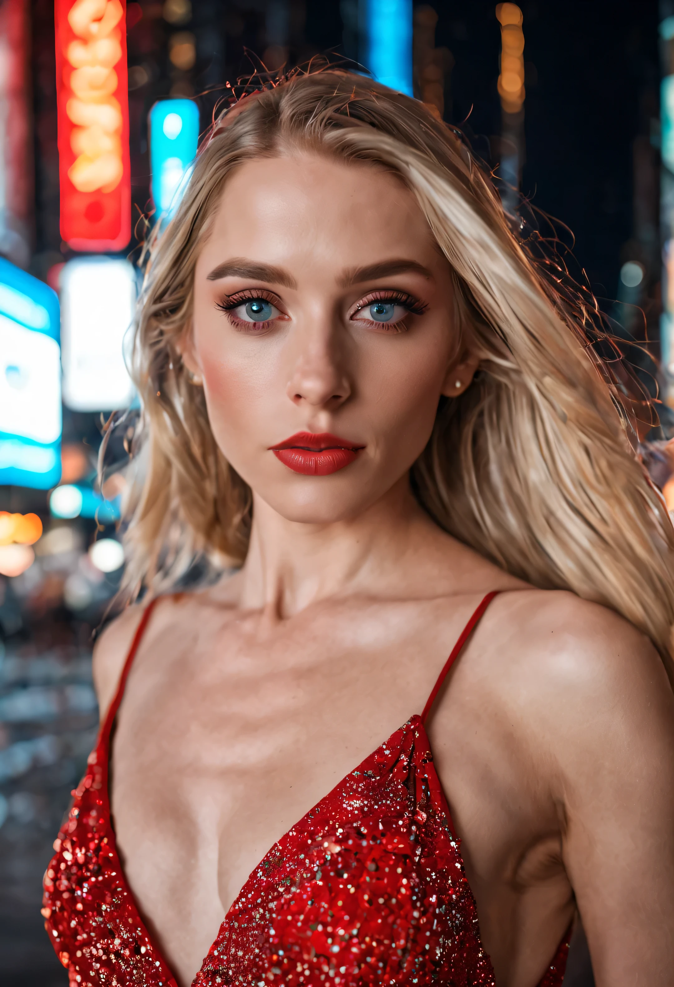 lindos olhos azuis detalhados,long flowing blonde hair in a sensual pose in Times Square at night,usando um vestido vermelho vibrante,ultra-detalhado,fotorrealista,studio lighting,cores vivas,Bokeh,Paisagem urbana noturna,seductive expression,postura confiante,Elegante e elegante,luzes da cidade refletindo em seus olhos,dynamic composition,obra de arte:1.2,Postmodern style