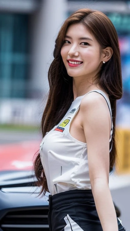 Highly detailed CG Unity 8K wallpaper, highest quality, Super detailed, masterpiece, realistic, photo realistic, Highly detailed cute girl, 25 years old, (whole bodyからつま先まで:1.4)、(whole body)、(whole body to toes)、(shot from the side)、(sitting on the hood of a car)、(lace queen)、(sexy pose),(model pose)、(big breasts)、(big ass)、(smile at the camera)、( smile ),(whole bodyショット) ,(Side view)、(side shot)、
(Sponsored and wearing grid girl costume'logo is printed.:1.3), (shorts) , (sitting in a motorsport race),