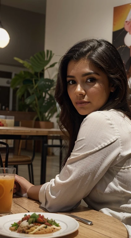 there is a woman sitting at a table with a plate of food, a picture by Nándor Katona, reddit, hurufiyya, alanis guillen, profile image, estefania villegas burgos, taken in 2 0 2 0, lorena avarez, photo taken in 2 0 2 0, profile picture