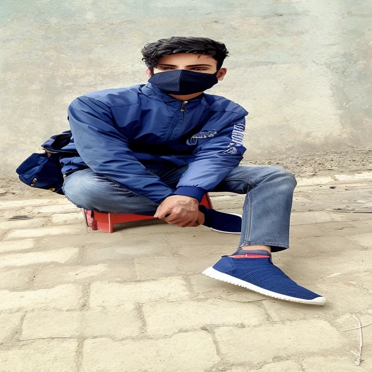 arafed man sitting on a chair with a mask on, with a cool pose, wearing blue jacket, stylish pose, casual pose, with lovely look, potrait, artistic pose, candid picture, cool pose, wearing urban techwear, full body photogenic shot, wearing a blue jacket, casual photography, blue jeans and grey sneakers, mohamed chahin style, wearing jacket