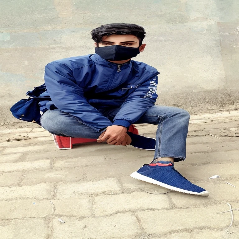 arafed man sitting on a chair with a mask on, with a cool pose, wearing blue jacket, stylish pose, casual pose, with lovely look, potrait, artistic pose, candid picture, cool pose, wearing urban techwear, full body photogenic shot, wearing a blue jacket, casual photography, blue jeans and grey sneakers, mohamed chahin style, wearing jacket
