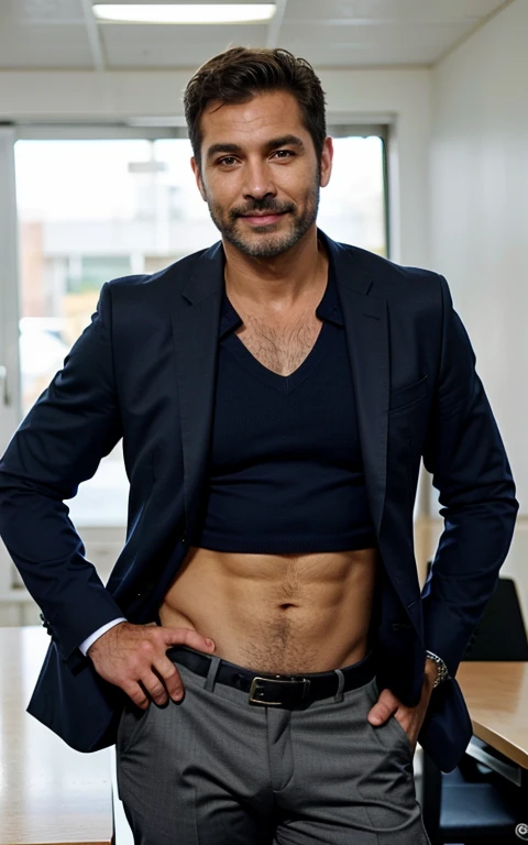Beautiful man of about 40 years old in a suit but without a jacket, se le ve la camisa azul abierta con abundante pelo en el pecho y en el abdomen, Hermosa barba poblada color negro azabache, Spanish, Ejecutivo de Hombre Sexy, trabajando en su oficina, es abogado, smiling with mischievous face, 4k, hiperrealismo, ultradetallado, pelo algo largo rizado algo alborotado, con cadena de oro en el cuello