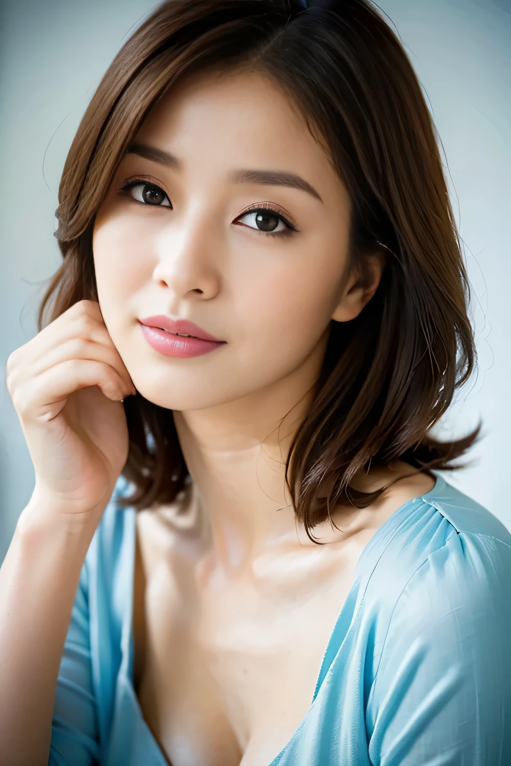 (highest quality,8K,masterpiece),anatomically correct,
Close-up of a woman in a blue dress with her hand on her face, beautiful korean woman, beautiful young japanese model,gorgeous young japanese woman, Cute girl - well-groomed face, beautiful portrait image, 60mm portrait, high quality portrait, 70mm Portrait, nice delicate face, feminine beautiful face, Beautiful woman,
big breasts,