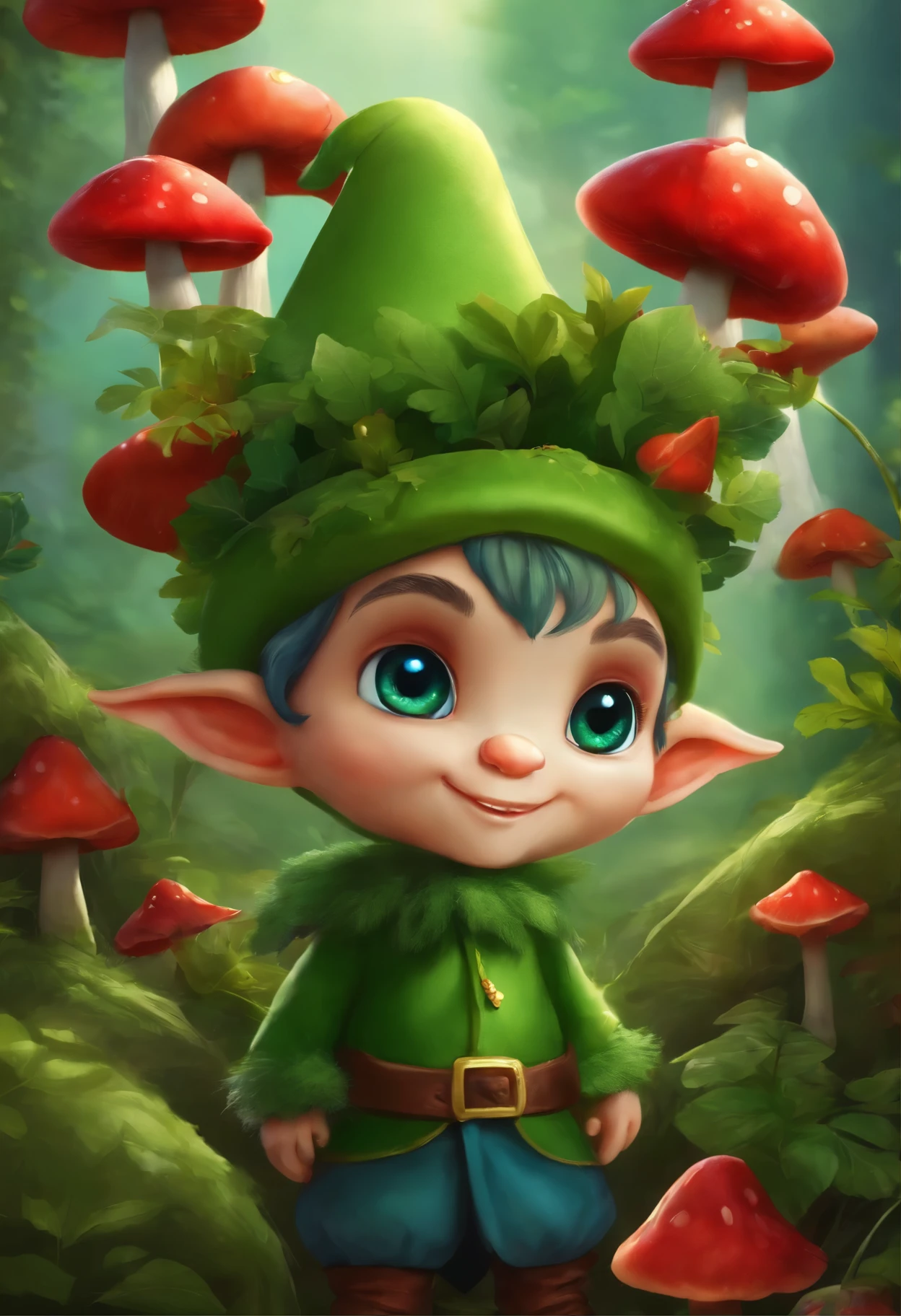 create an elf with a red mushroom on his head, green eyes, blue hair, he is dressed with green leaves, he is very cute and colorful, full body