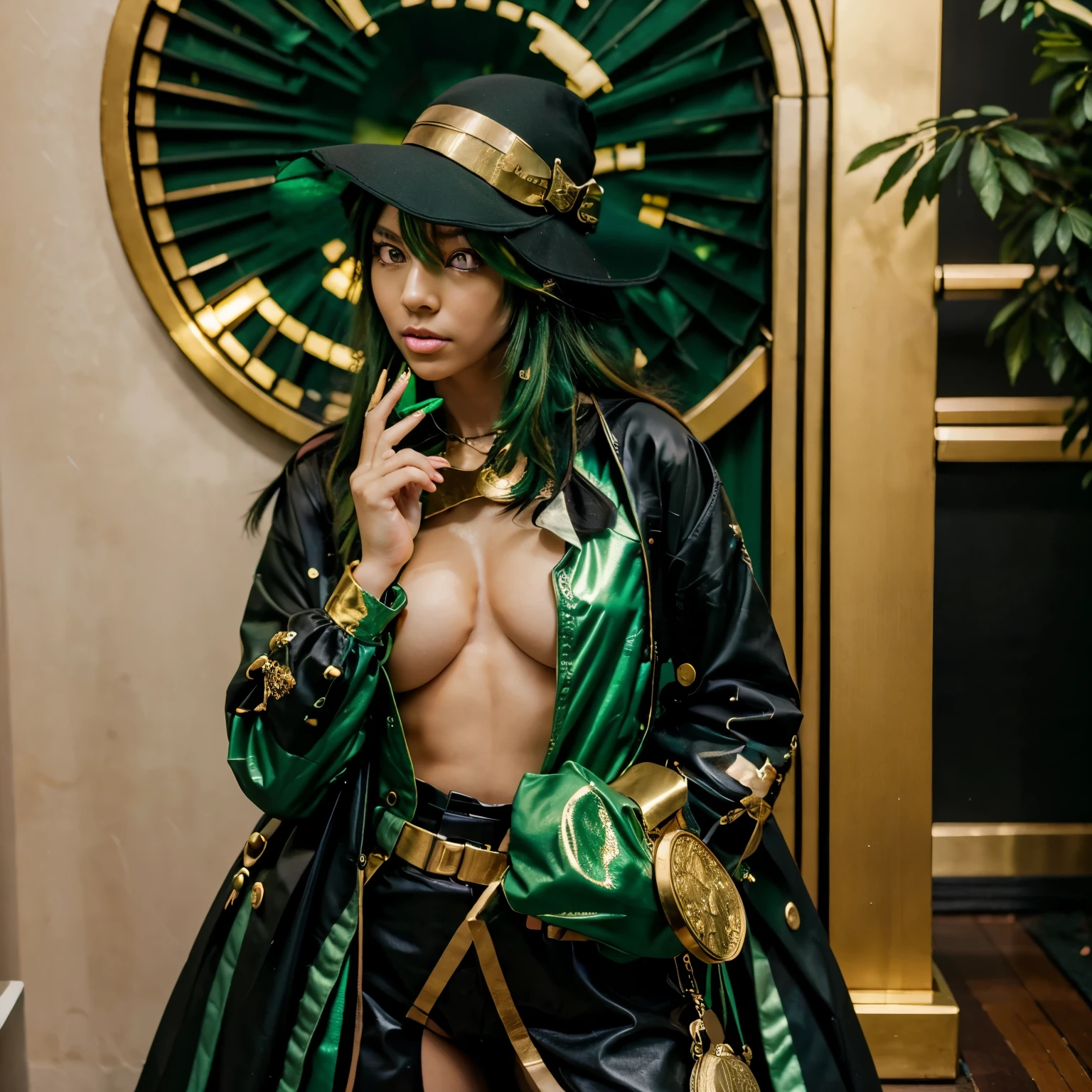 Amazing anime pose black and green hat green and gold accents golden green clothes Saint Patrick day hat munching on a gold coin