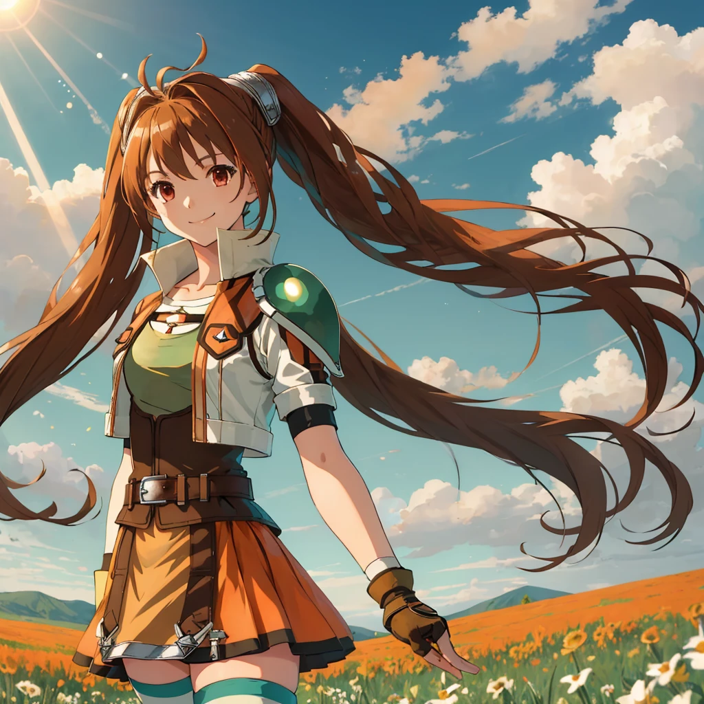 masterpiece, best quality, scEstelle, cropped jacket, green shoulder pad, tan shirt, orange skirt, belt, brown gloves, white thighhighs, upper body, smile, sky, clouds, field, sun, standing, looking at viewer,