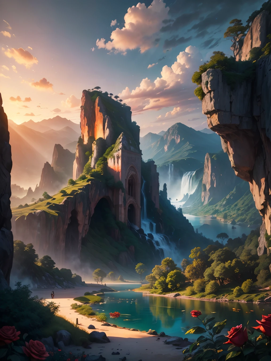 There is a large waterfall in the middle of a mountain, ((ancient city embedded in rock)), epic matte painting of an island, the lost city in the jungle, an Aztec city on an island lake, intricate and beautiful concept art, highly realistic concept art oil painting style, (((masterpiece))), high quality, extremely detailed CG unity 8k wallpaper, landscapes, outdoors, sky, cloud, nobody, mountain, landscape, water, tree, sunset sky with red and orange clouds, cliff waterfall, nature, lake, river, cloudy sky, award-winning photography, bokeh, depth of field, HDR, bloom, chromatic aberration, trending on artstation, trending on CGsociety, intricate, dramatic, midway art , high waterfall, painting of a river with rocks and trees in the foreground, near a river, jungle, crystal clear water, night light, evening sun behind red clouds with divergent sun rays, colorful, river with rocks, rock bridge , epic, fantasy, ((roses and flowers on the banks of the pond)), ((oil painting)), ((bridge rock))