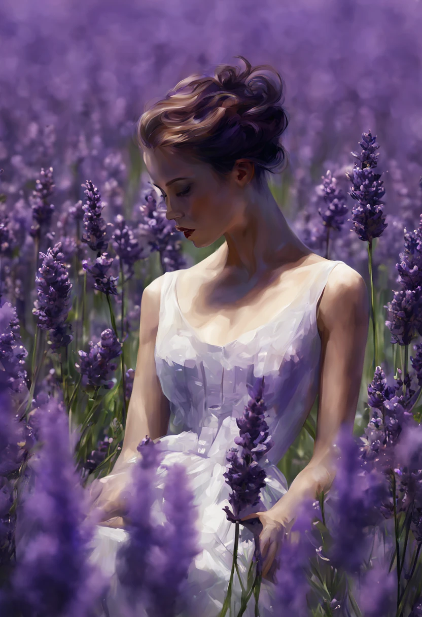 Lavander closeup minimalistic digital artwork with the influence Luis Miranda, jeremy mann, Jeffrey Catherine Jones, conceptual art, painting, illustration, photo, cleavage, thigh, short skirt, sexy