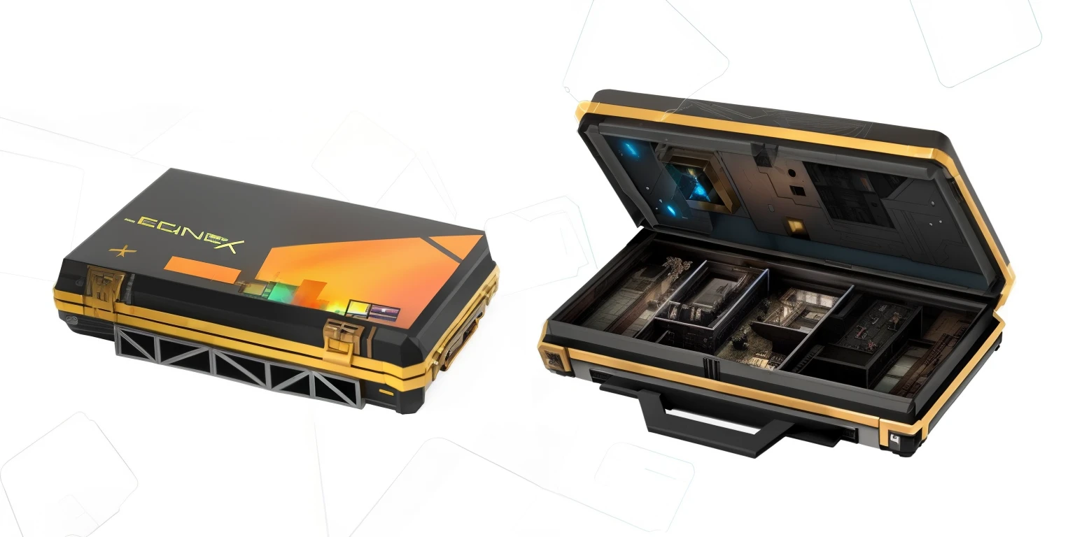 um close de uma maleta de ferramentas com um monte de ferramentas dentro, caso de jogo, foto de pacote, electric box display, Vista completa, deus ex machine, C4 explosivo, item, album, arte conceitual. 8k, deus ex, Casas de futurismo, Deus Ex Human Revolution, conjunto blade runner, holographic case display, unidade do sistema, postagem no instagram