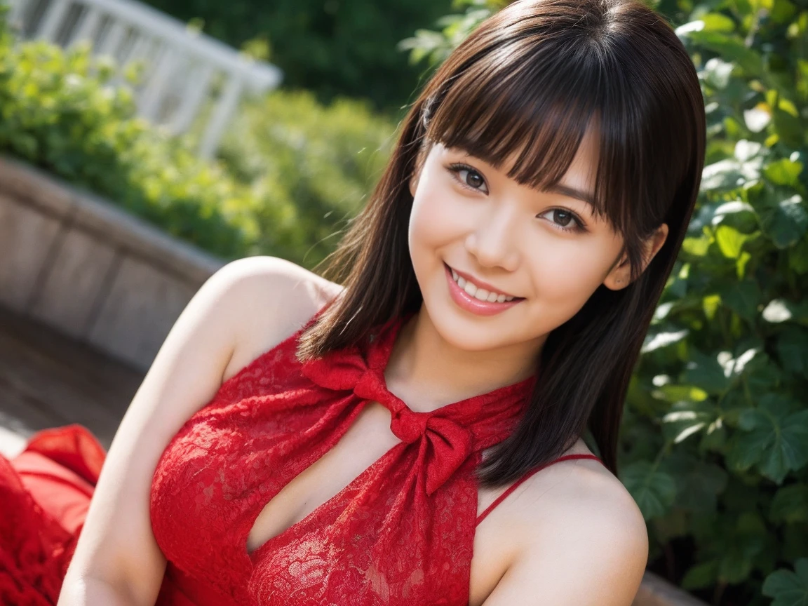Medium view, medium shot, Depth of bounds written, ((Seductive,)) 3 people, bust, Upper body, cinematic angle, masterpiece, highest quality, Super detailed, cg, 8k wallpaper, beautiful face, delicate eyes, maiden, alone, smile, bangs, skirt, shirt, have, Crimson dress, bow, petal, bouquet