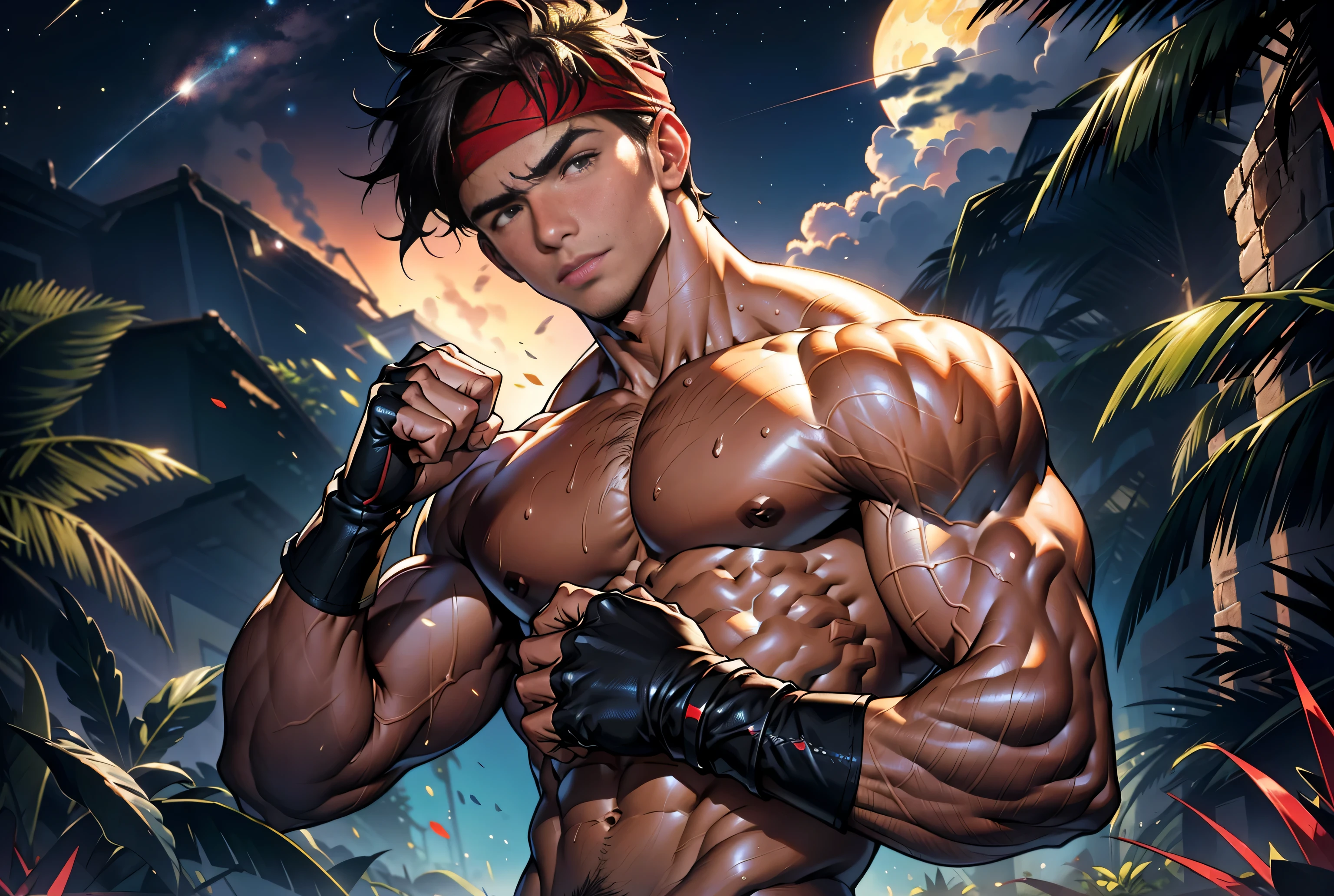 (masterpiece, highest quality, 18 year old boy, 8K, super detailed), ((from below), (Upper body), Eye of the worm, thin lips), (1 boy, alone), young, (ager), (dark short straight hair, undercut, brown eyes), Upper body裸, topless, (red headband, ((Black Gauntlet))), (Depth of bounds written:1.2), (abs, chest, upper arm, farm, shoulder), (topless male), man with martial arts stance, motionless body, (starry night), Sweat, fighting pose