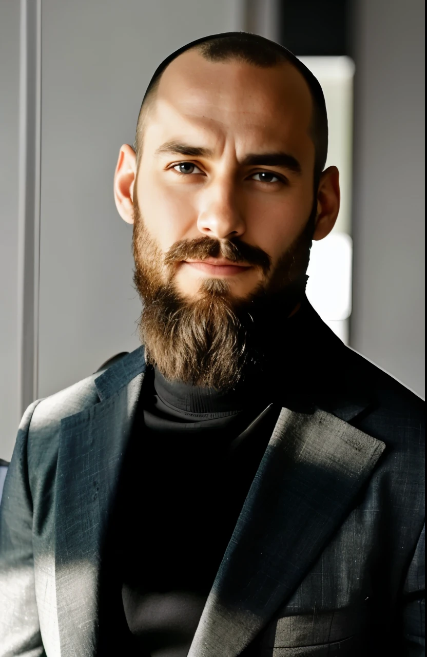 Hay un hombre con barba muy corta y una chaqueta de traje, calvo con camisa negra,