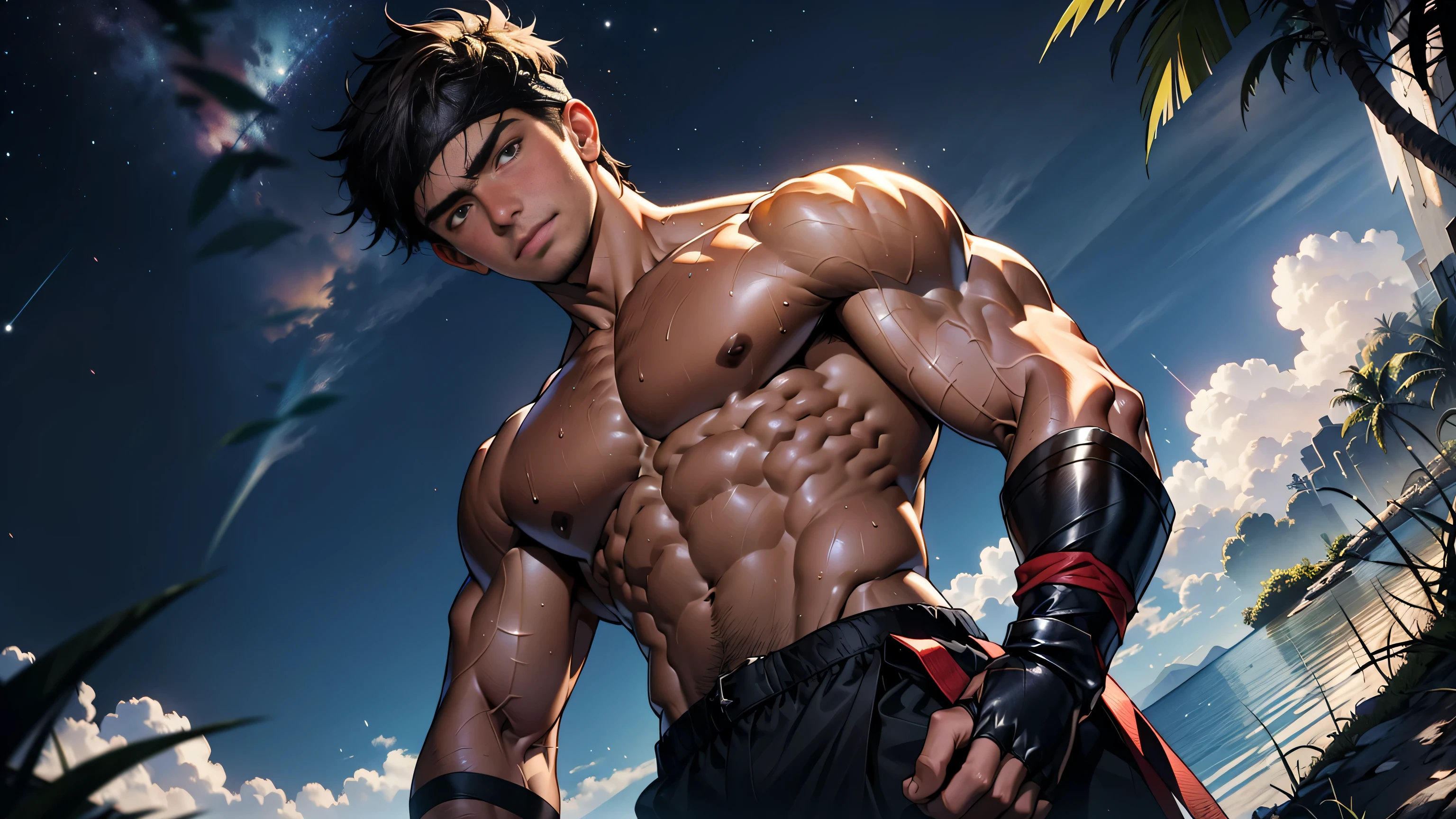(masterpiece, highest quality, 18 year old boy, 8K, super detailed), ((from below), (Upper body), Eye of the worm, thin lips), (1 boy, alone), young, (ager), (dark short straight hair, undercut, brown eyes), Upper body裸, topless, (red headband, ((Black Gauntlet))), (Depth of bounds written:1.2), (abs, chest, upper arm, farm, shoulder), (topless male), man with martial arts stance, motionless body, (starry night), Sweat, dynamic pose