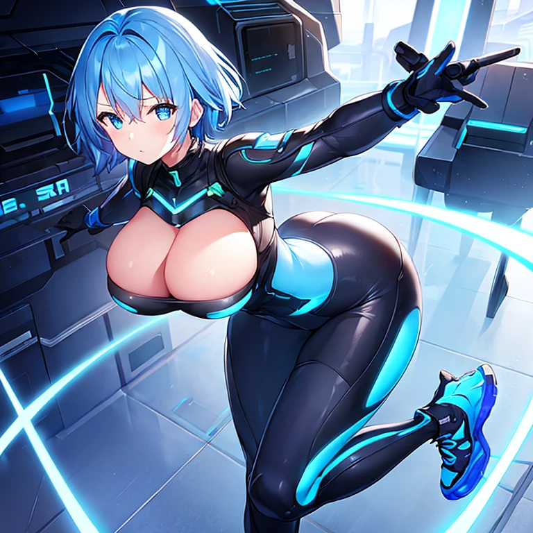 1girl, wide hips, large breasts, wide hips, blue hair, short hair, very short hair, blue eyes, bodysuit, black bodysuit, futuristic, machinery, science-fiction, tech, shoes, sneakers, neon trim, blue neon trim