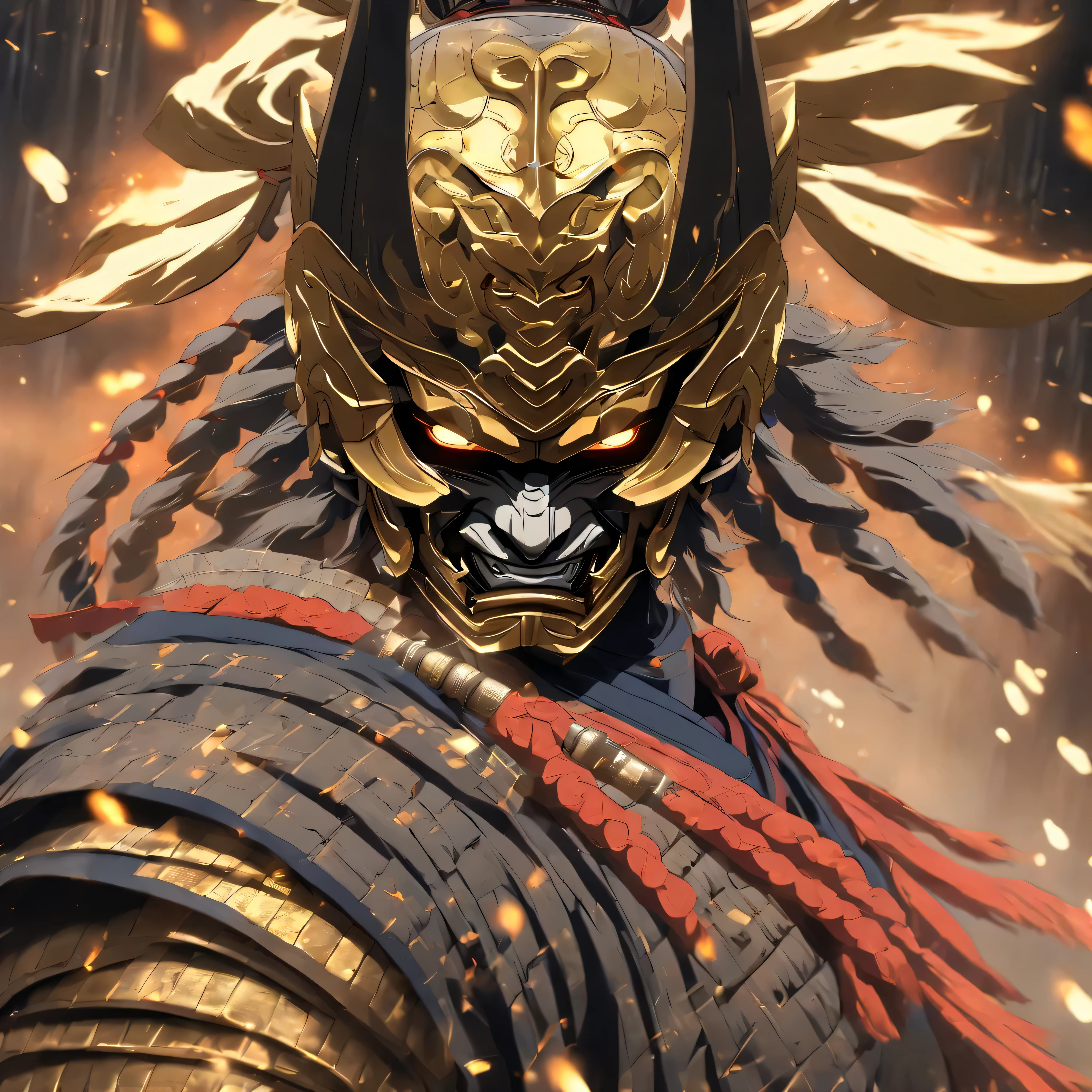 best quality, masterpiece, high quality, 1man, samurai armor, helmet oni evil mask,intricate, ornaments detailed, cold colors, metal, egypician detail, highly intricate details, realistic light, trending on cgsociety, glowing eyes, facing camera, neon details, ultra realistic details, portrait full body, japanese atmosphere, global illumination, shadows, octane render, 8k, ultra sharp