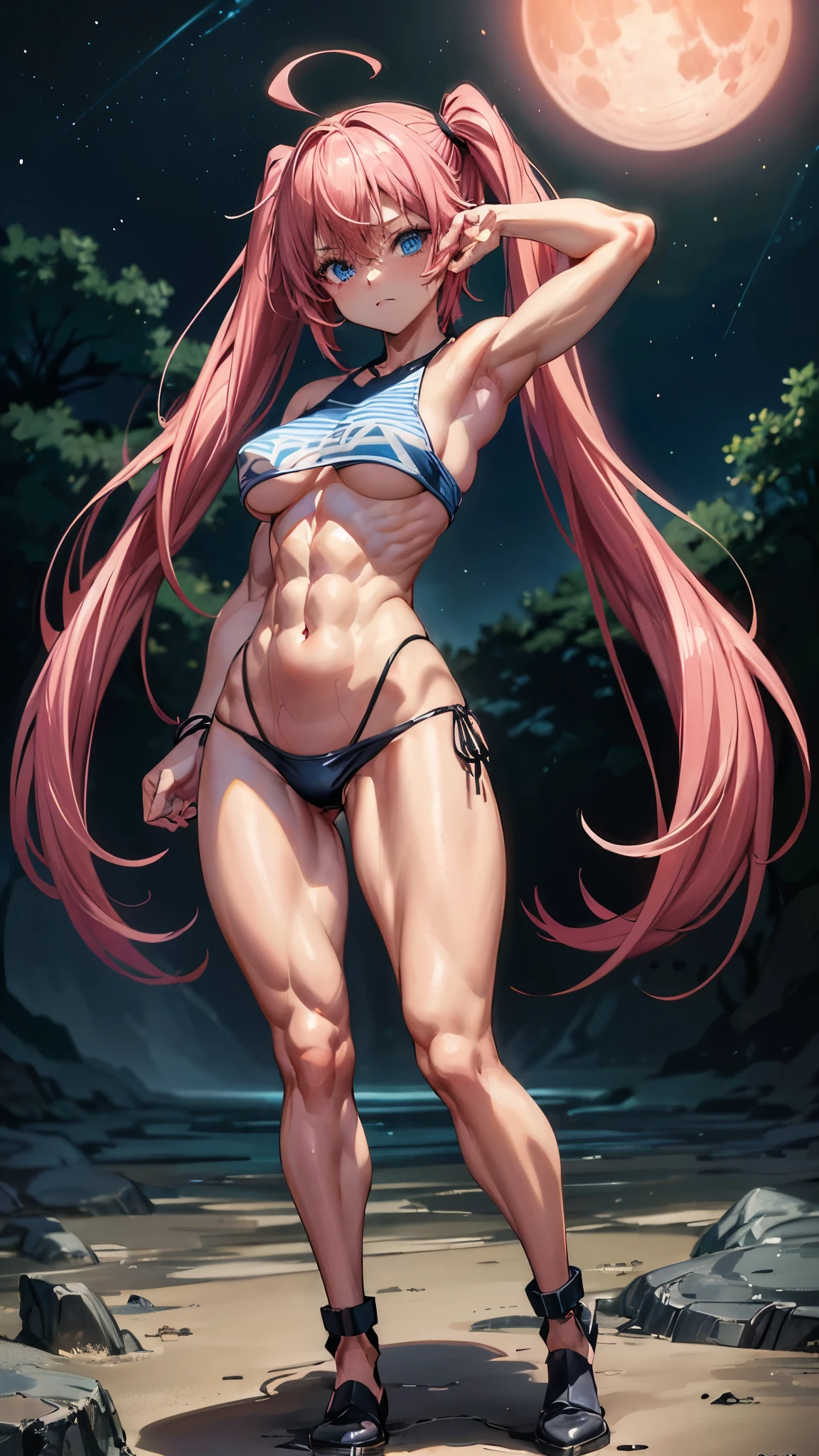 1 girl, (medium breasts))), (((wearing a short bikini))), (long pink hair), (((blue eyes))), Thin arms, (on the beach at night with a starry sky and a full blood moon), (slim waist), (((muscular legs))), muscular belly, wearing a red high heel shoe, (((showing her big ass to me))), (full body photo) , (twintails), long eyes, glowing eyes, eye reflection, moodiness, anime, anime style, ray tracing, Glow, drop shadow, Panorama, Sony FE, 8k, UDisk, artwork, accurate, anatomically correct, super detail, best quality, Ultra high resolution, Hard disk, 16k