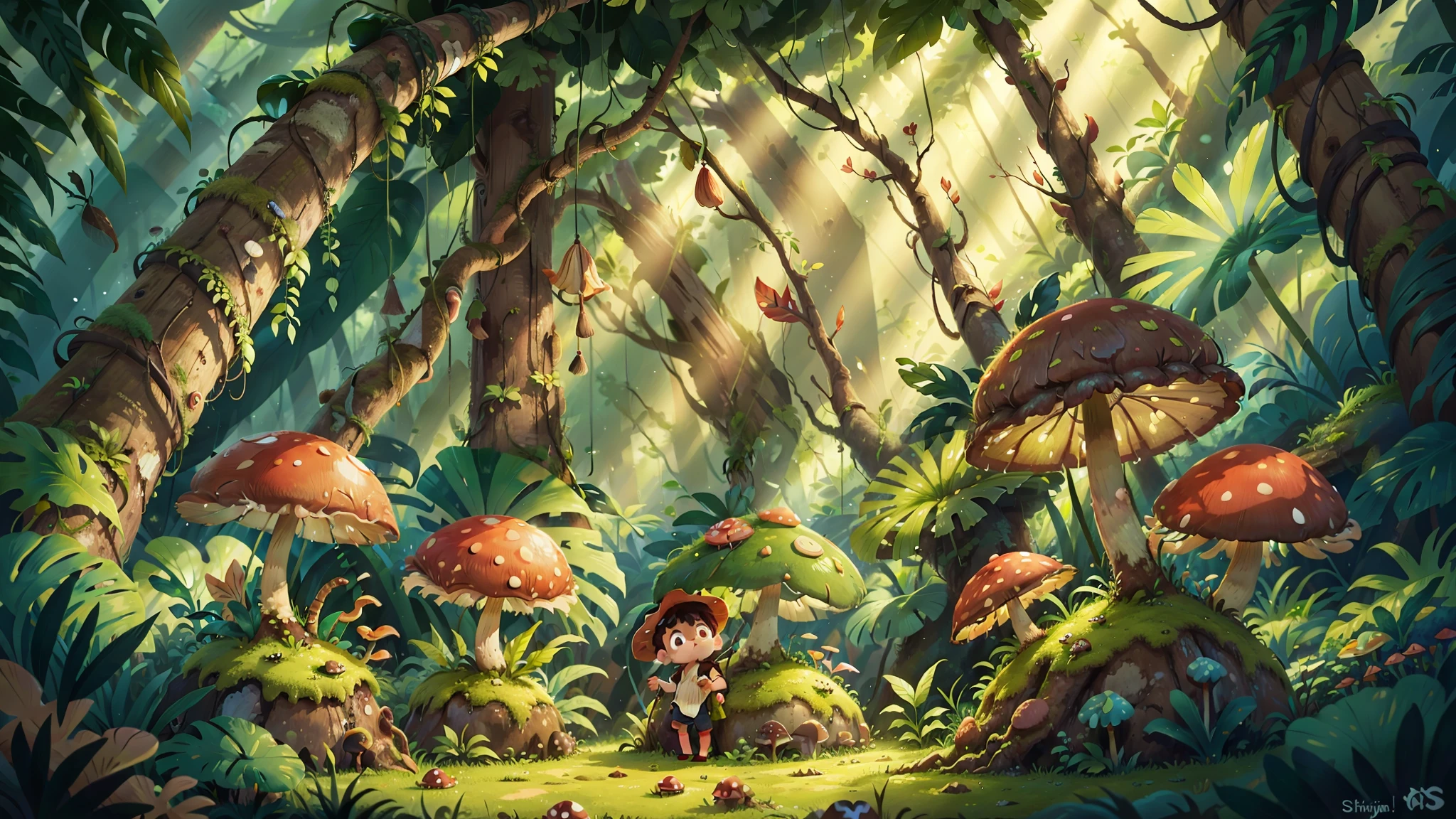 Rainforest background mushrooms