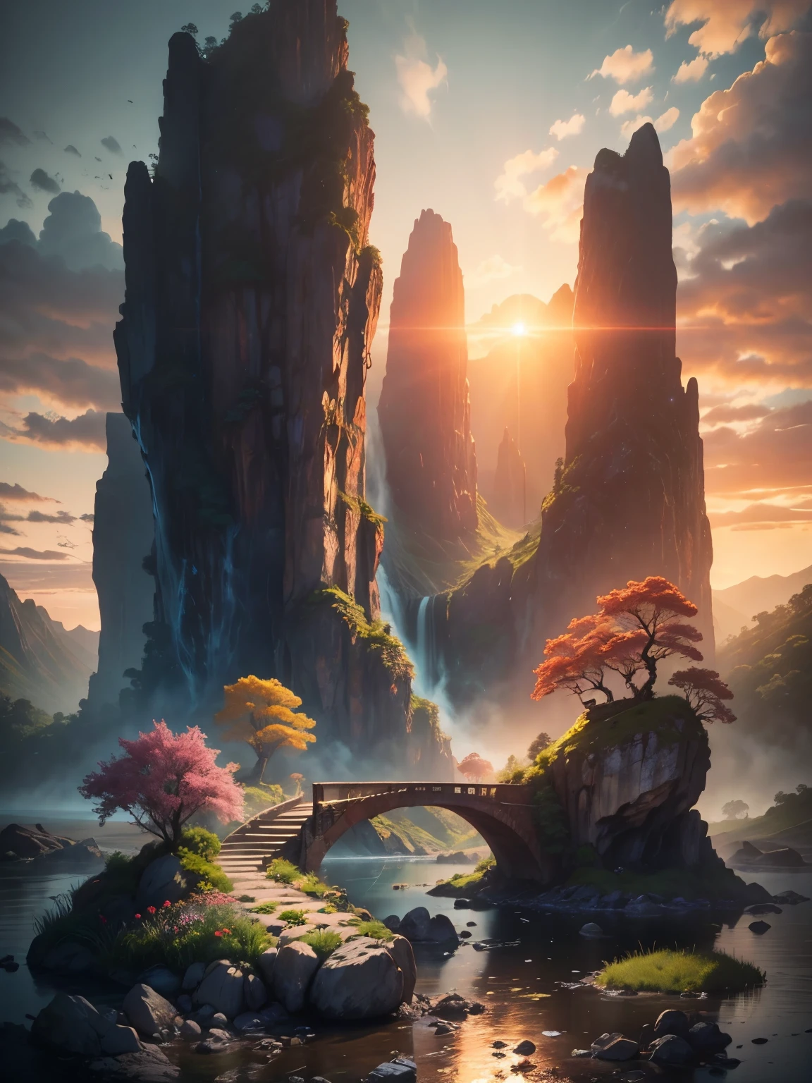 There is a large waterfall in the middle of a mountain, ((ancient city embedded in rock)), epic matte painting of an island, the lost city in the jungle, an Aztec city on an island lake, intricate and beautiful concept art, highly realistic concept art oil painting style, (((masterpiece))), high quality, extremely detailed CG unity 8k wallpaper, landscapes, outdoors, sky, cloud, nobody, mountain, landscape, water, tree, sunset sky with red and orange clouds, cliff waterfall, nature, lake, river, cloudy sky, award-winning photography, bokeh, depth of field, HDR, bloom, chromatic aberration, trending on artstation, trending on CGsociety, intricate, dramatic, midway art , high waterfall, painting of a river with rocks and trees in the foreground, near a river, jungle, crystal clear water, night light, evening sun behind red clouds with divergent sun rays, colorful, river with rocks, rock bridge , epic, fantasy, ((roses and flowers on the banks of the pond)), ((oil painting)), ((bridge rock))