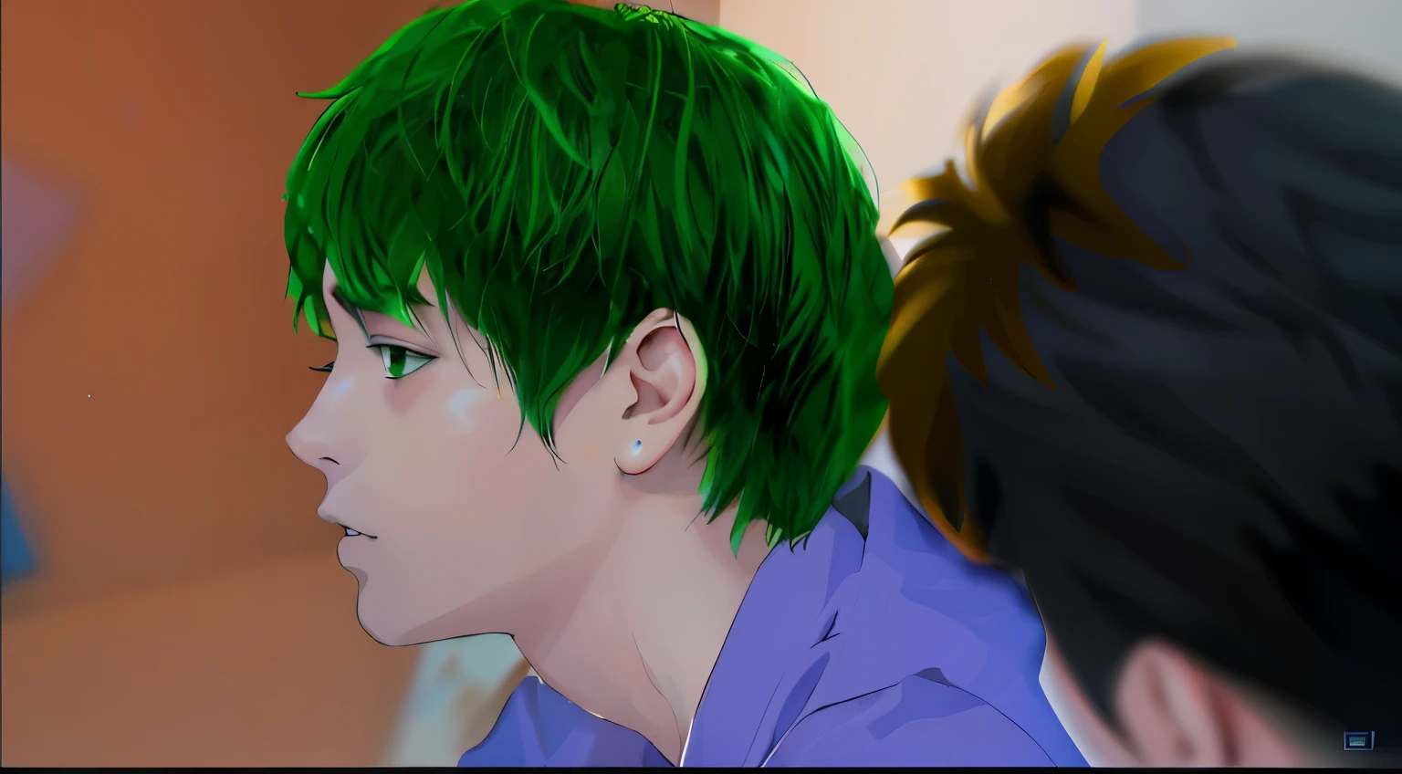 hay un hombre con cabello verde y una camisa morada, realismo animado style, hecho con estudio de pintor anime, estilo anime semi-realista, pintado en estudio de pintor anime, realistic anime art style, realistic art style, realismo animado, piel de color verde!!, estilo anime 2d, inspirado en Yanagawa Nobusada, inspirado por Kentaro Miura, estilo de arte anime realista