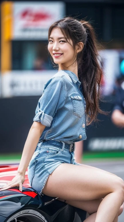 Highly detailed CG Unity 8K wallpaper, highest quality, Super detailed, masterpiece, realistic, photo realistic, Highly detailed cute girl, 25 years old, (whole bodyからつま先まで:1.4)、(whole body)、(whole body to toes)、(shot from the side)、(sitting on the hood of a car)、(lace queen)、(sexy pose),(model pose)、(big breasts)、(big ass)、(smile at the camera)、( smile ),(whole bodyショット) ,(Side view)、(side shot)、(ponytail)、
(Sponsored and wearing grid girl costume'logo is printed.:1.3), (shorts) , (sitting in a motorsport race),