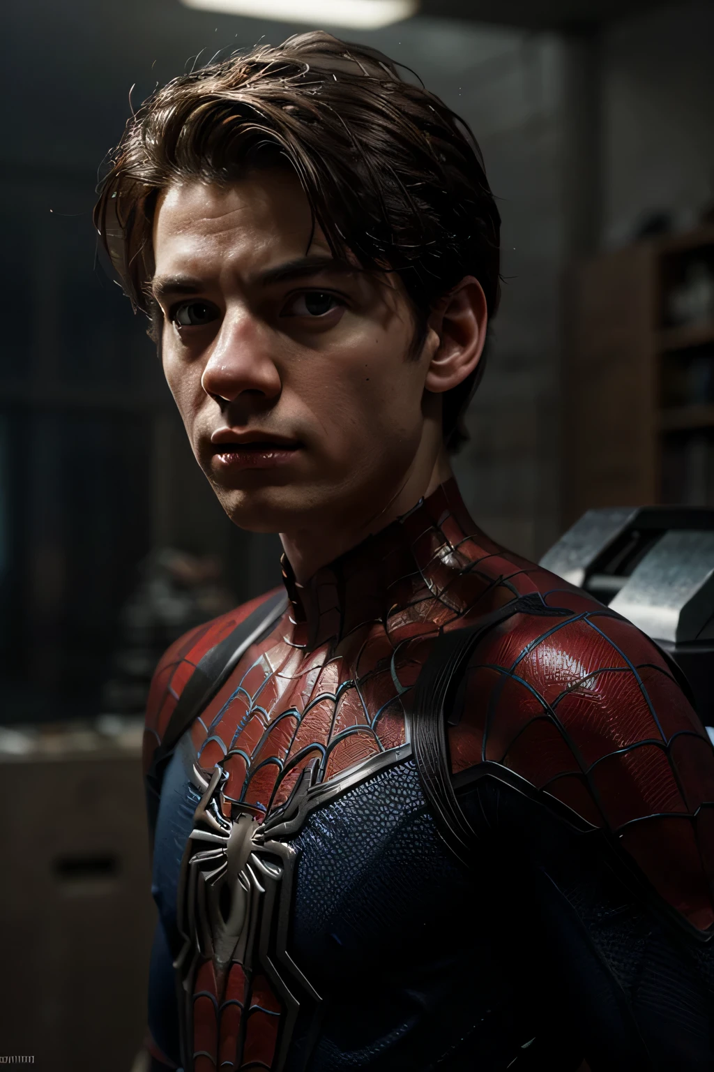 Peter Parker como Homem-Aranha, Hiper-realista, + cinematic shot + dynamic composition, Incrivelmente detalhado, Afiado, detalhes + superb detalhes + Noite com Luz + perfeccionismo + realismo premiado ((Moody lighting))