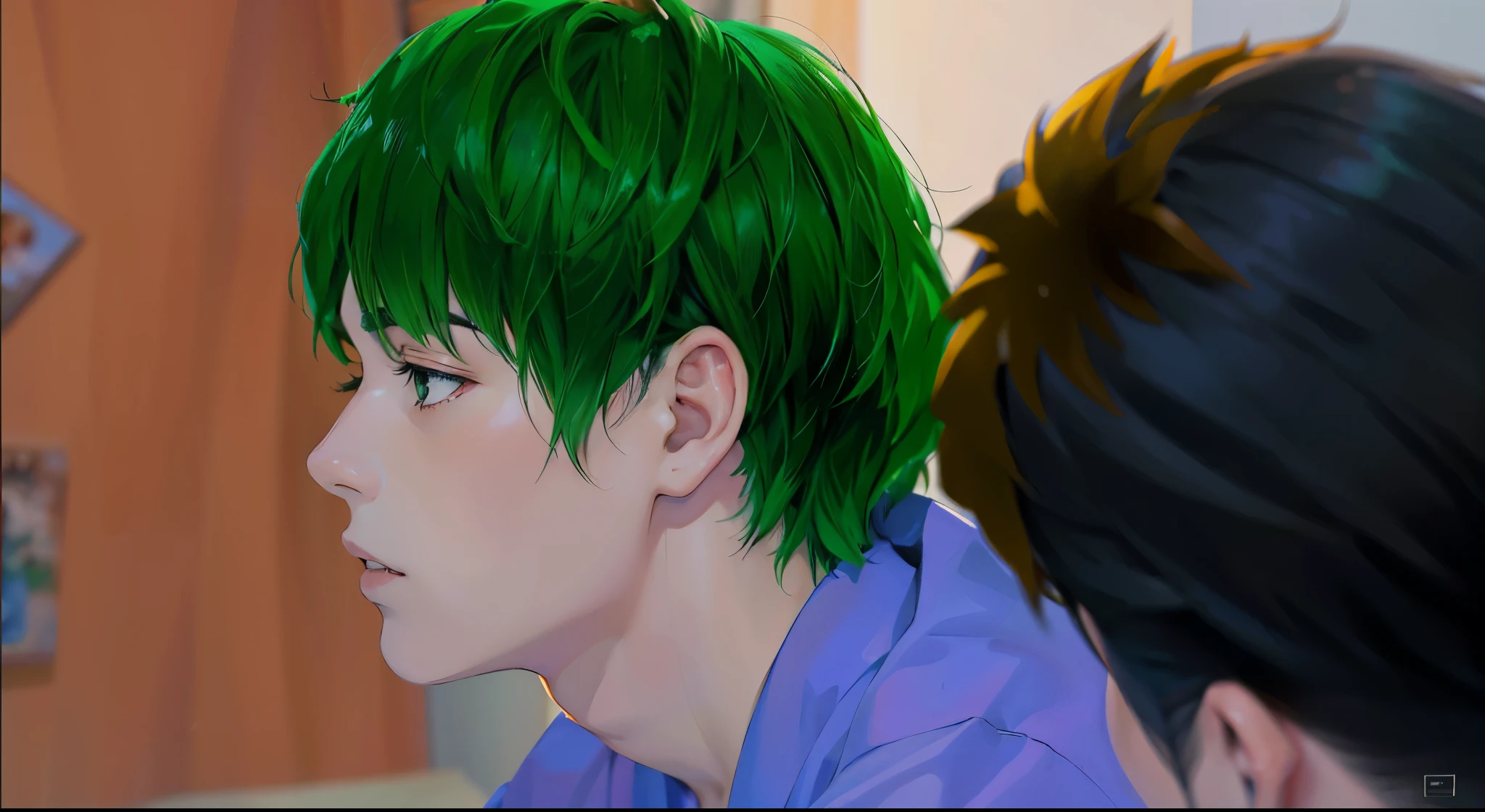 hay un hombre con cabello verde y una camisa morada, realismo animado style, hecho con estudio de pintor anime, estilo anime semi-realista, pintado en estudio de pintor anime, realistic anime art style, realistic art style, realismo animado, piel de color verde!!, estilo anime 2d, inspirado en Yanagawa Nobusada, inspirado por Kentaro Miura, estilo de arte anime realista