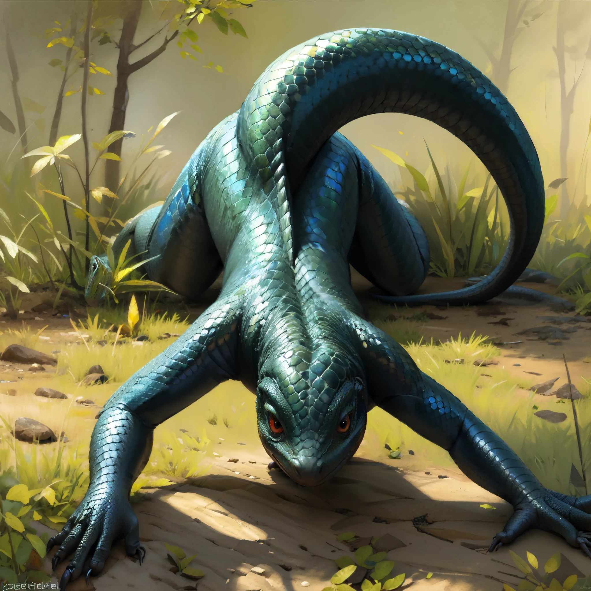 by kenket, by totesfleisch8, (by thebigslick, by silverfox5213:0.8), (by syuro:0.2), a black lizard girl, sexy, red eyes, curvy, shiny scales, barefoot, humanoid feet, short cute lizard tail, seductive, naked, crawling towards viewer, pov