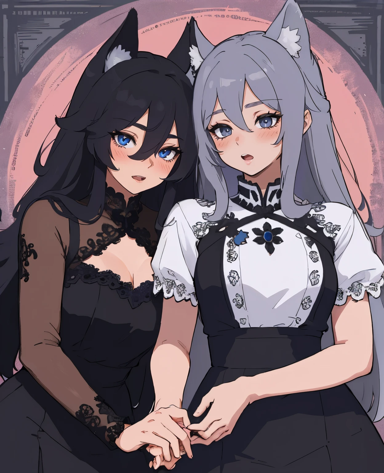 8kï¼ultra-detailed, illustration, (beautiful detailed eyes), beautiful, amazing, mature male, detailed eyes, (((masterpiece)))v, holding hands, 2girls, multiple girls, interlocked fingers, open mouth, hair between eyes, long hair, heart, animal ears, dress, grey hair, blush, black hair,