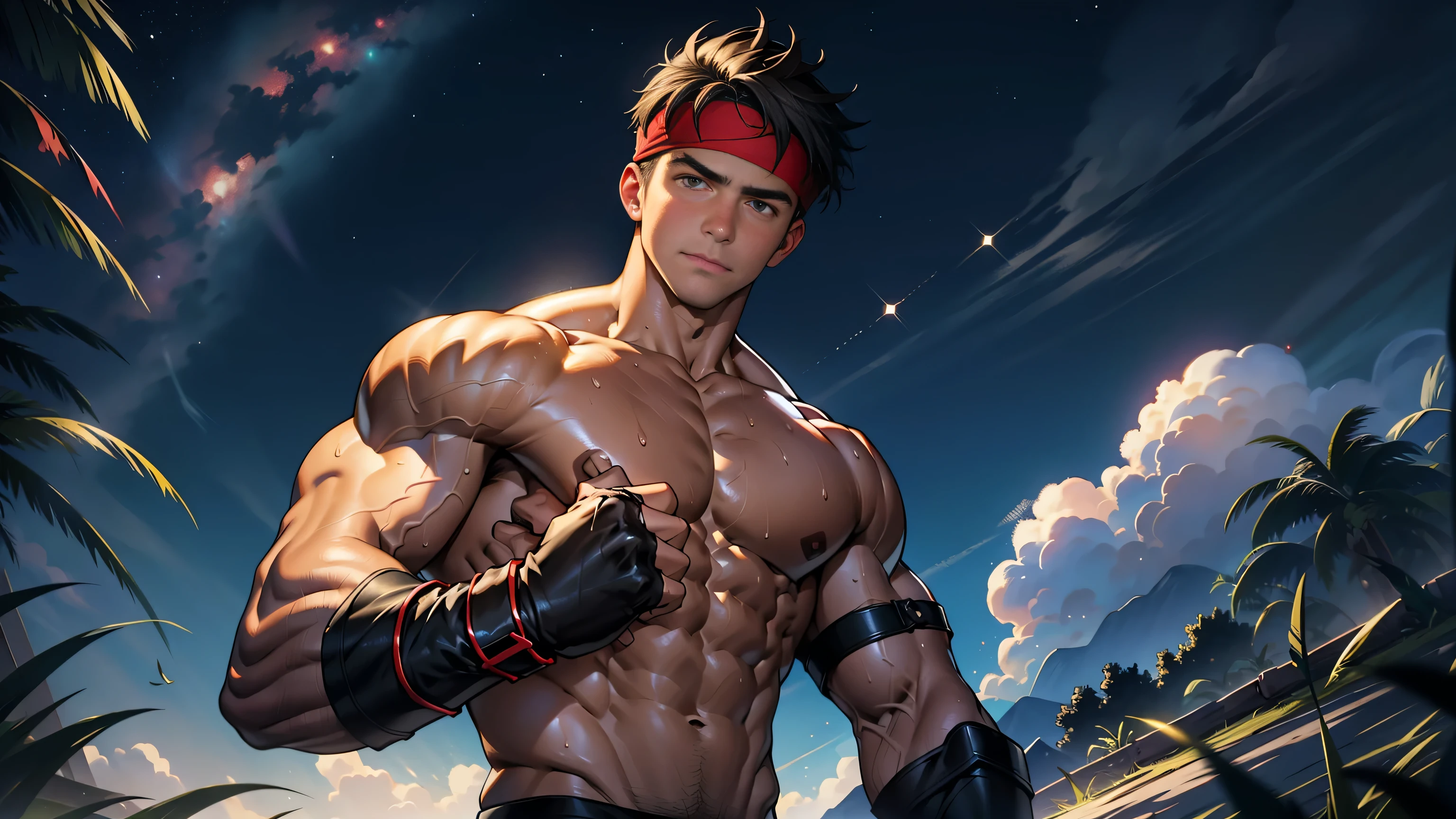 (masterpiece, highest quality, 18 year old boy, 8K, super detailed), ((from below), (Upper body), Eye of the worm, thin lips), (1 boy, alone), young, (ager), (dark short straight hair, undercut, brown eyes), Upper body裸, topless, (red headband, ((Black Gauntlet))), (Depth of bounds written:1.2), (abs, chest, upper arm, farm, shoulder), (topless male), man with martial arts stance, motionless body, (starry night), Sweat, (forward hand)