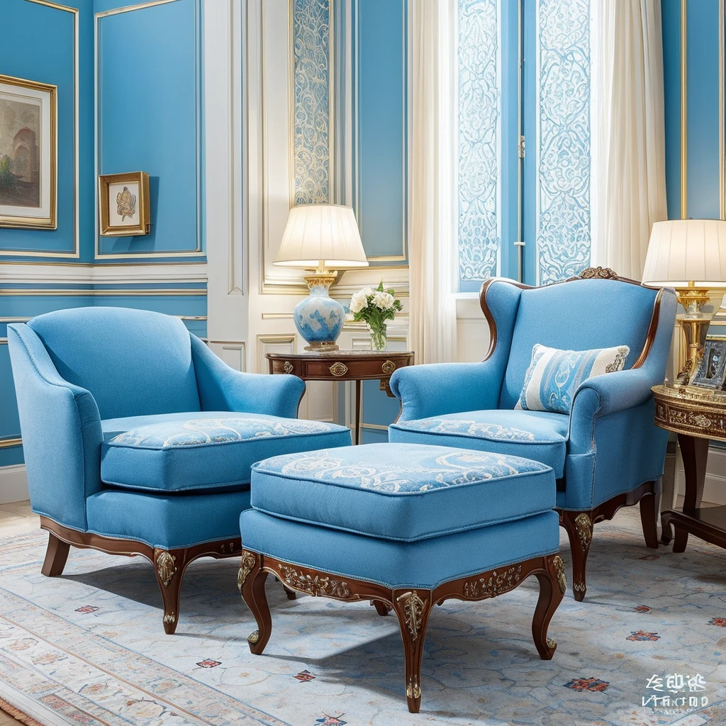 (Best quality)), ((masterpiece)), (detailed), Bright armchair and ottoman in a bright room.Fancy Furniture, ornate, bright and compatible colors, difficult, fantastic, white blue color scheme, Bright accents, unusual drapery on furniture, elegant, ornate.