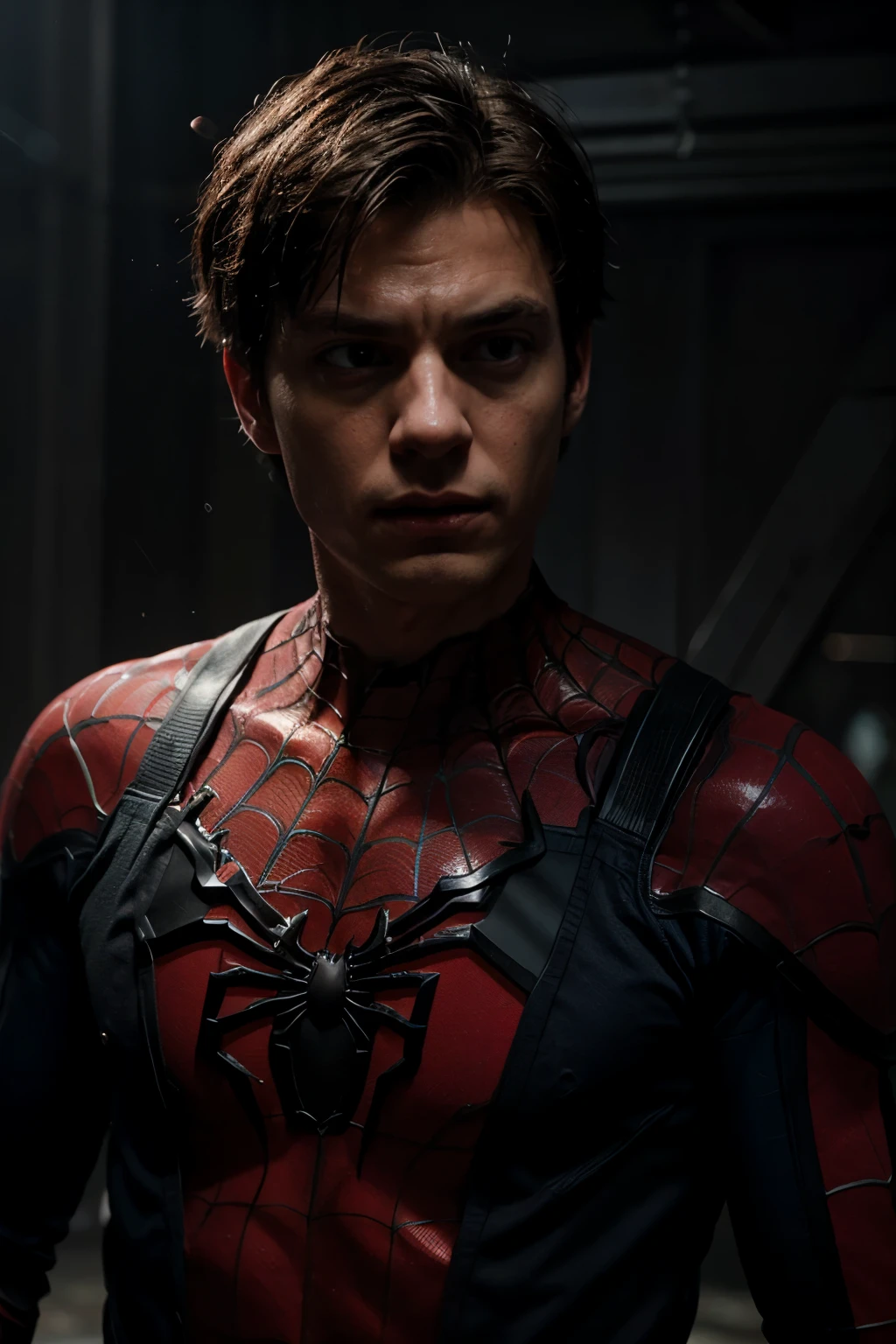 Peter Parker as Spider-Man, hyper-realistic, + cinematic shot + dynamic composition, incredibly detailed, sharpen, details + superb details + evening with light + perfectionism + award winning realism ((moody lighting))