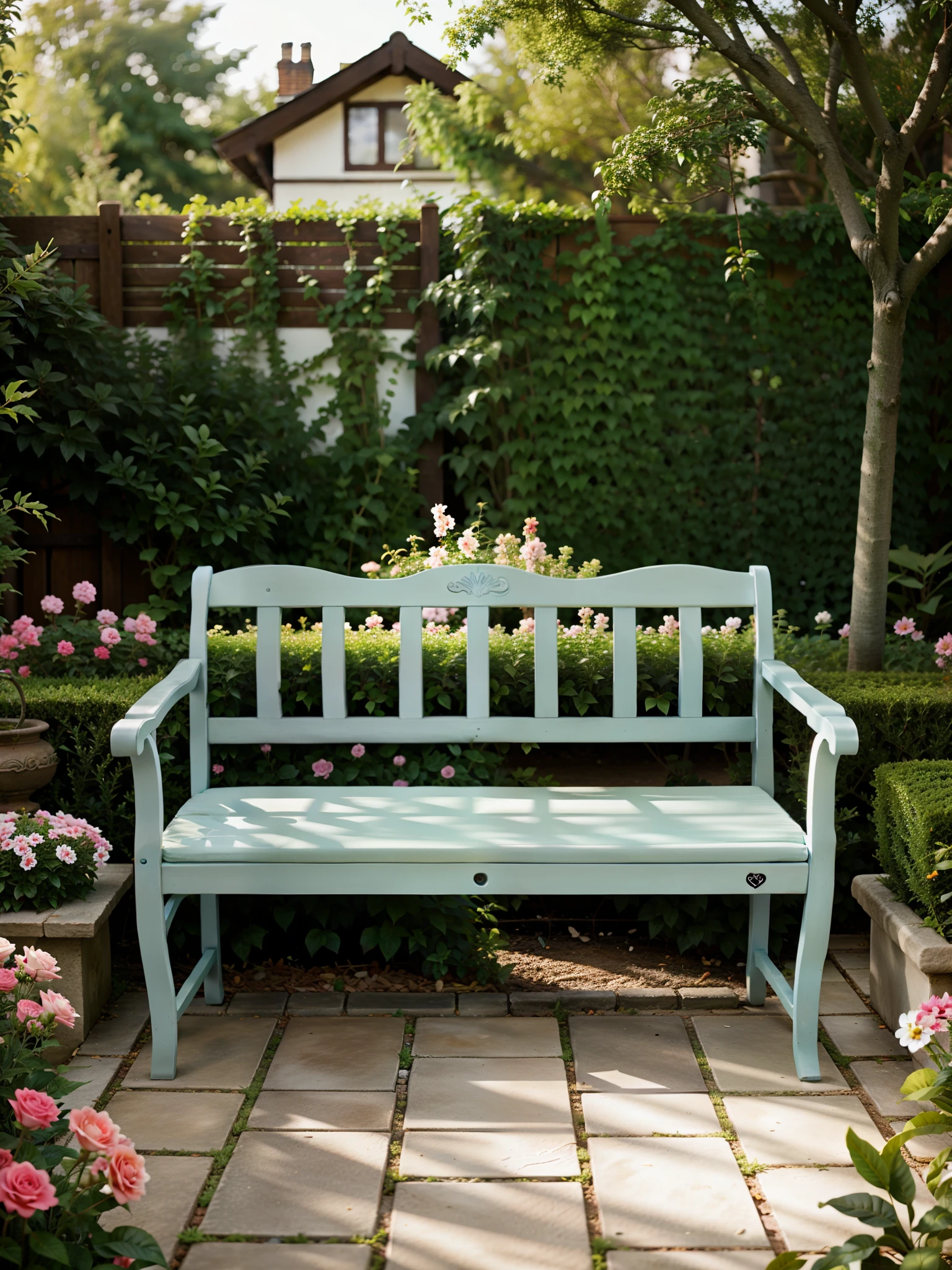 a cushioned bench in a garden, ultra realistic, lots of details, 4K