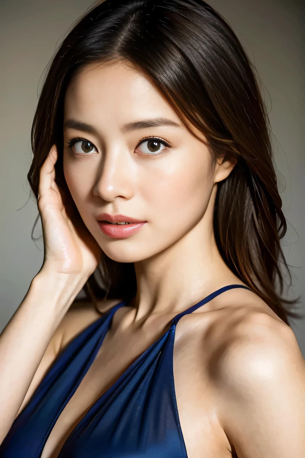 (highest quality,8K,masterpiece),anatomically correct,
Close-up of a woman in a blue dress with her hand on her face, beautiful korean woman, beautiful young japanese model,gorgeous young japanese woman, Cute girl - well-groomed face, beautiful portrait image, 60mm portrait, high quality portrait, 70mm Portrait, nice delicate face, feminine beautiful face, Beautiful woman,
big breasts,
