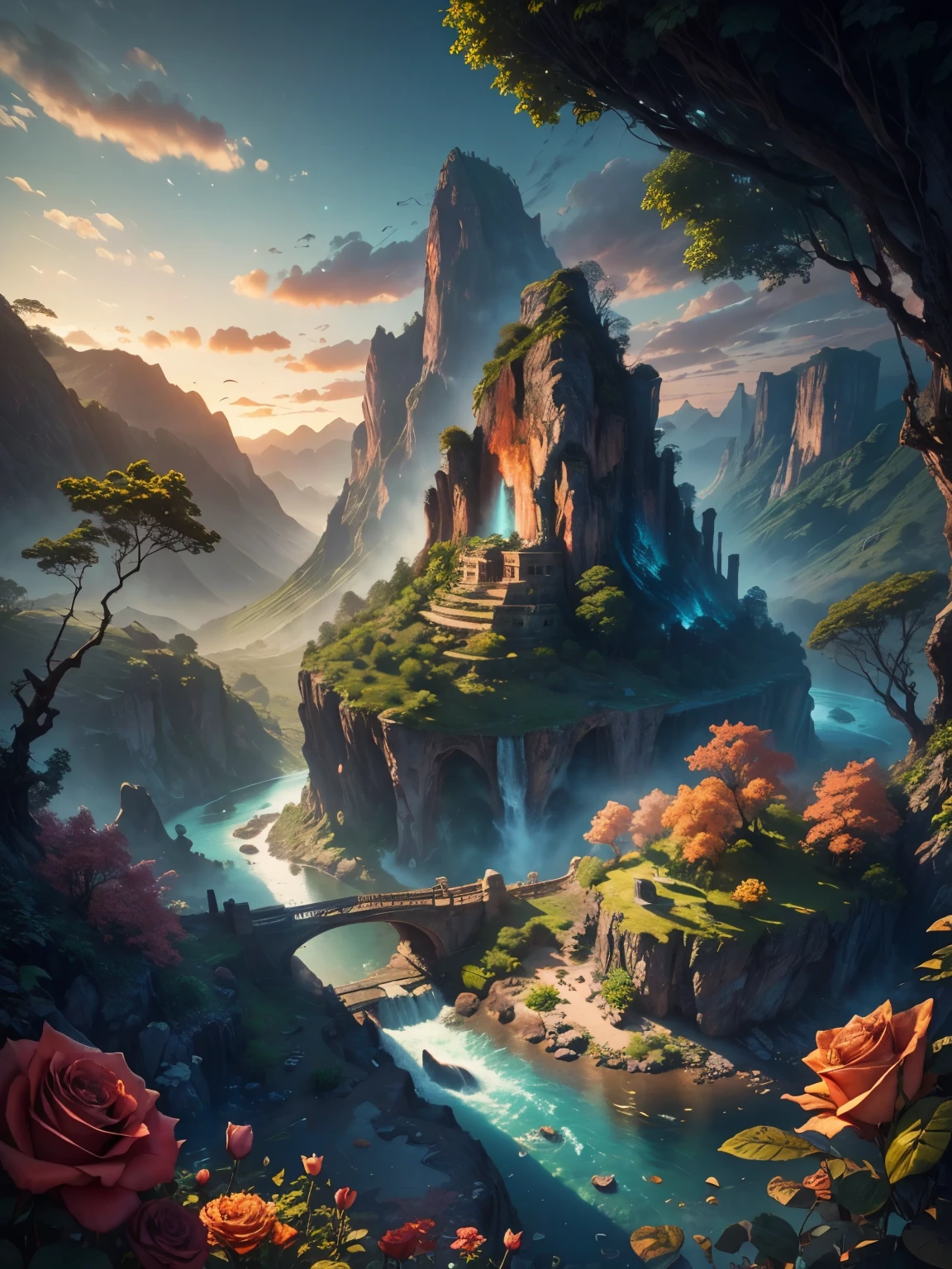 There is a large waterfall in the middle of a mountain, ((ancient city embedded in rock)), epic matte painting of an island, the lost city in the jungle, an Aztec city on an island lake, intricate and beautiful concept art, highly realistic concept art oil painting style, (((masterpiece))), high quality, extremely detailed CG unity 8k wallpaper, landscapes, outdoors, sky, cloud, nobody, mountain, landscape, water, tree, sunset sky with red and orange clouds, cliff waterfall, nature, lake, river, cloudy sky, award-winning photography, bokeh, depth of field, HDR, bloom, chromatic aberration, trending on artstation, trending on CGsociety, intricate, dramatic, midway art , high waterfall, painting of a river with rocks and trees in the foreground, near a river, jungle, crystal clear water, night light, evening sun behind red clouds with divergent sun rays, colorful, river with rocks, rock bridge , epic, fantasy, ((roses and flowers on the banks of the pond)), ((oil painting)), ((bridge rock))