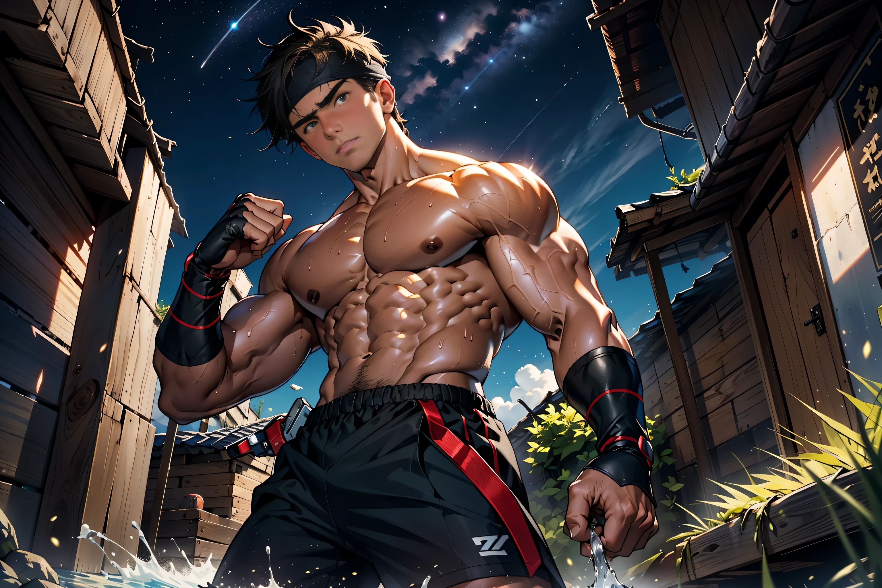 (masterpiece, highest quality, 18 year old boy, 8K, super detailed), ((from below), (cowboy shot), soulful eyes, thin lips), (1 boy, alone), young, (ager), (dark short straight hair, undercut, brown eyes), Topless, topless, (red headband, ((Black Gauntlet))), (Depth of bounds written:1.2), (abs, chest, upper arm, farm, shoulder), (topless male), man with martial arts stance, motionless body, (starry night), Sweat, (forward hand)