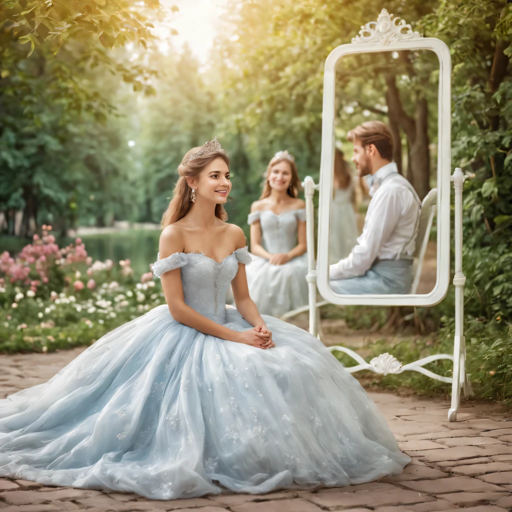 realistic photography, depicting a dreaming princess, sitting in front of the mirror., and in the background above her appear her dreams in the form of vague images of a happy meeting with a handsome prince, their walks together in the park, romantic dates, wedding and moments of happy life together