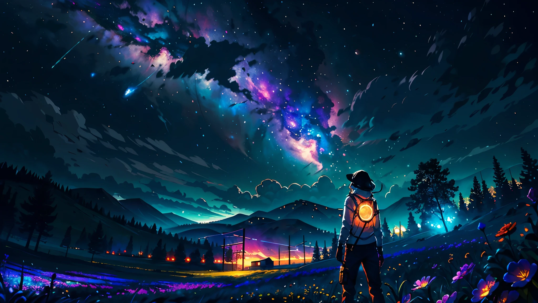 A wide landscape photo, (viewed from below, the sky is above, and the open field is below), a girl standing on a flower field looking up, (full moon: 1.2), (meteor: 0.9), (nebula: 1.3), distant mountains , Trees BREAK Crafting Art, (Warm Light: 1.2), (Firefly: 1.2), Lights, Lots of Purple and Orange, Intricate Details, Volumetric Lighting BREAK (Masterpiece: 1.2), (Best Quality), 4k, Ultra Detailed, (Dynamic Composition: 1.4), Rich in Detail and Color, (Rainbow Color: 1.2), (Glow, Atmospheric Lighting), Dreamy, Magical, (Solo: 1.2)
