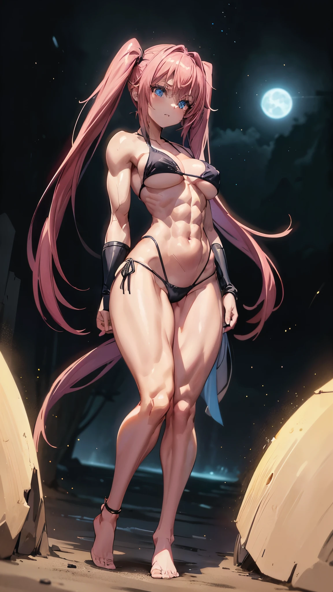 1 girl, (medium breasts))), (((wearing a short bikini))), (long pink hair), (((blue eyes))), Thin arms, (on the beach at night with a starry sky and a full blood moon), (slim waist), (((muscular legs))), muscular belly, wearing a red high heel shoe, (((showing her big ass to me))), (full body photo) , (twintails), long eyes, glowing eyes, eye reflection, moodiness, anime, anime style, ray tracing, Glow, drop shadow, Panorama, Sony FE, 8k, UDisk, artwork, accurate, anatomically correct, super detail, best quality, Ultra high resolution, Hard disk, 16k