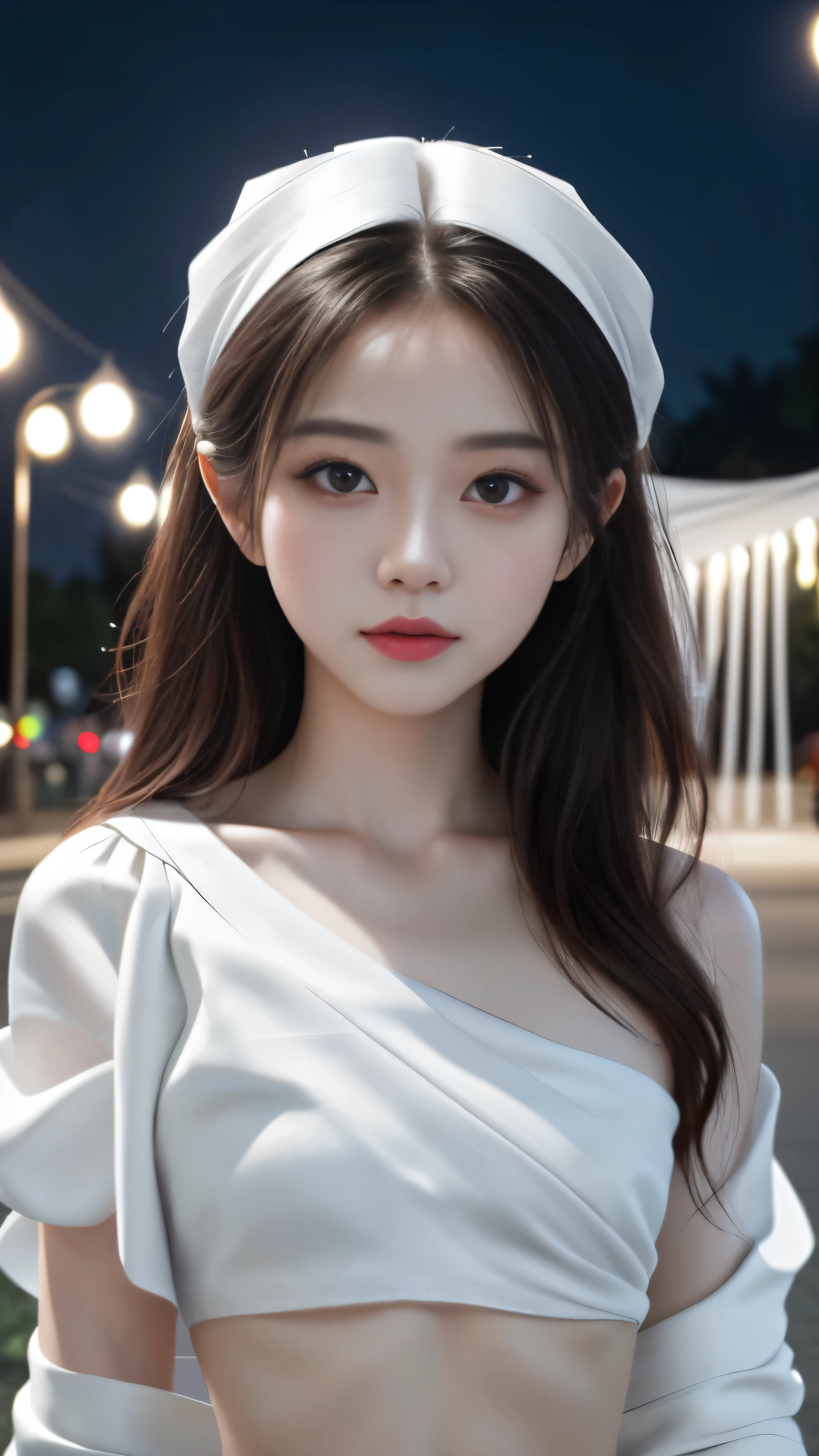 (8k, masterpiece, best quality), ultra-detailed, detailed beautiful round eyes, beautifully detailed face, high quality, high resolution, 1 girl, small breast, (white cloth:1.5), (bare waist:1.5), nighttime, night park background,