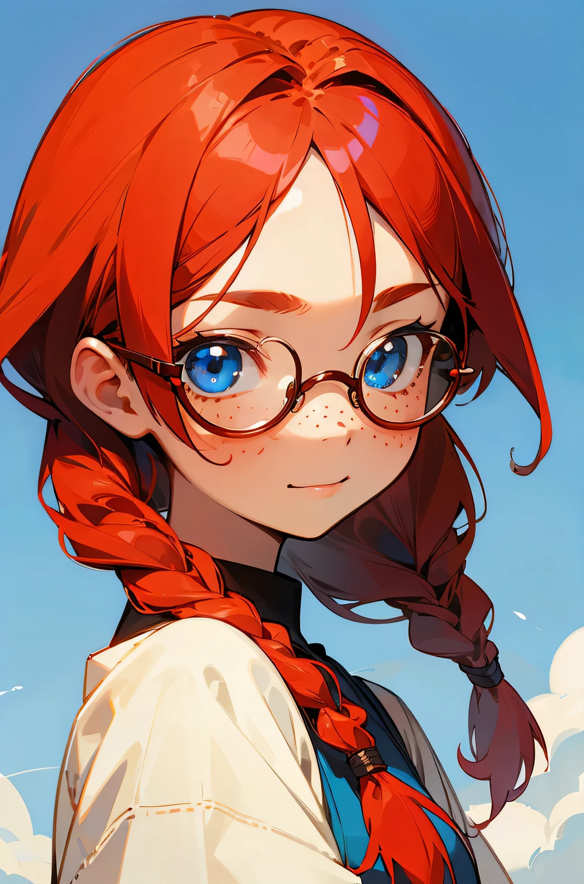 13 years old、girl、redhead、freckles、slightly tanned skin、round glasses、Braid、sky blue eyes、droopy eyes、2D illustration、smile