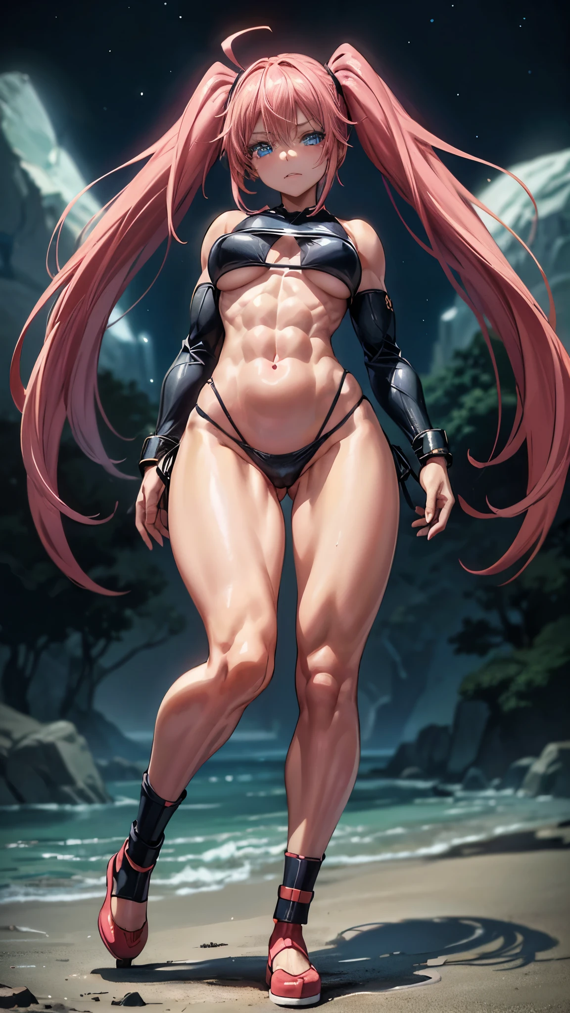1 girl, (medium breasts))), (((wearing a short bikini))), (long pink hair), (((blue eyes))), Thin arms, (on the beach at night with a starry sky and a full blood moon), (slim waist), (((muscular legs))), muscular belly, wearing a red high heel shoe, (((showing her big ass to me))), (full body photo) , (twintails), long eyes, glowing eyes, eye reflection, moodiness, anime, anime style, ray tracing, Glow, drop shadow, Panorama, Sony FE, 8k, UDisk, artwork, accurate, anatomically correct, super detail, best quality, Ultra high resolution, Hard disk, 16k