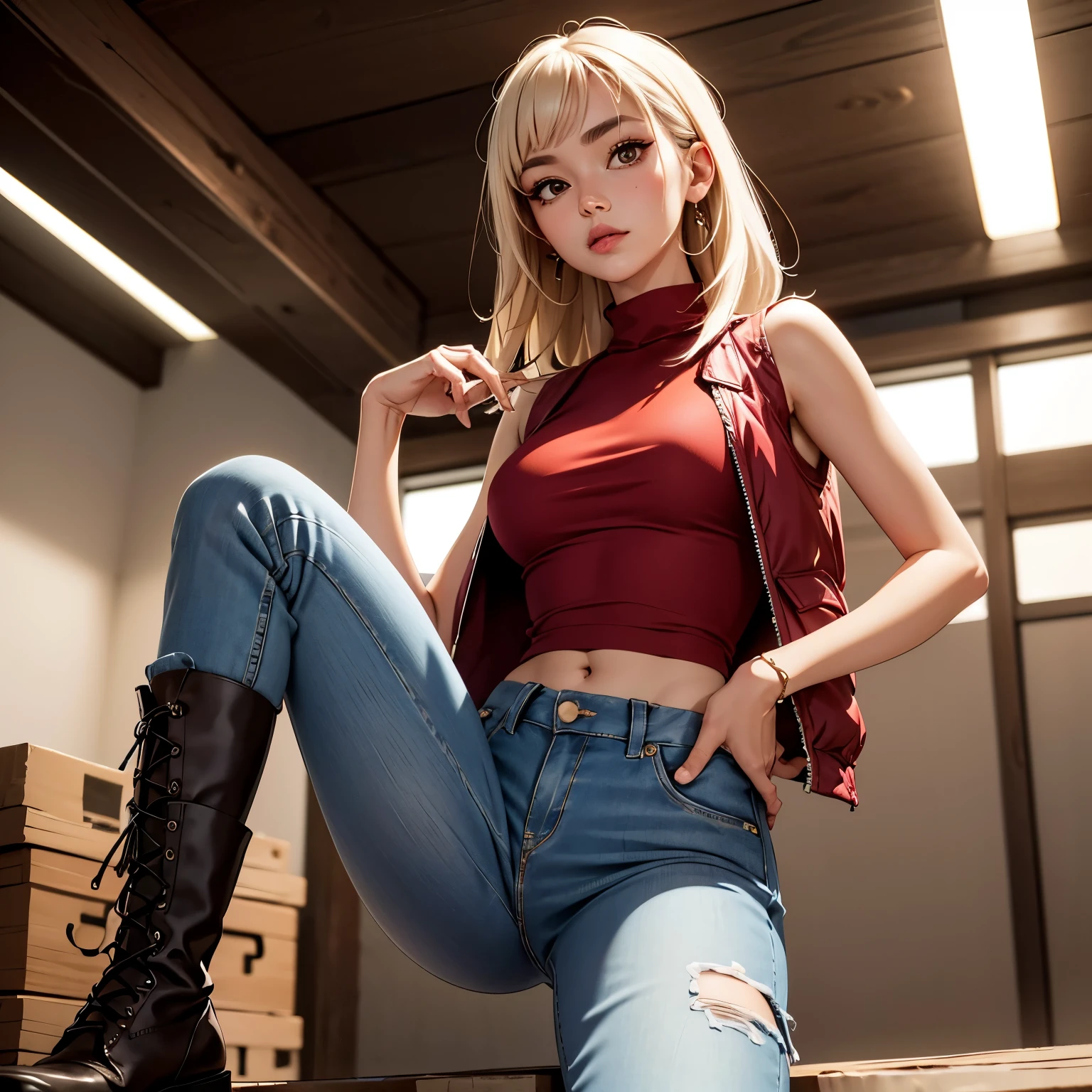 anime-style character image. She has blonde hair, red eyes, a bunny ears headband, a red top, black jeans, and fashionable footwear, all while giving the camera a seductive smile