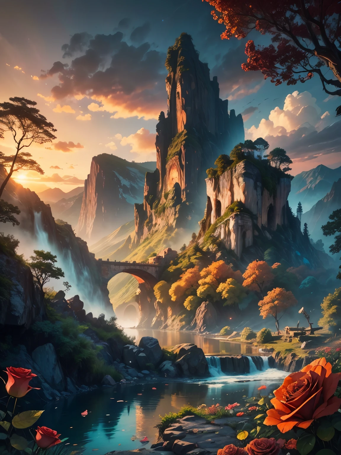 There is a large waterfall in the middle of a mountain, ((ancient city embedded in rock)), epic matte painting of an island, the lost city in the jungle, an Aztec city on an island lake, intricate and beautiful concept art, highly realistic concept art oil painting style, (((masterpiece))), high quality, extremely detailed CG unity 8k wallpaper, landscapes, outdoors, sky, cloud, nobody, mountain, landscape, water, tree, sunset sky with red and orange clouds, cliff waterfall, nature, lake, river, cloudy sky, award-winning photography, bokeh, depth of field, HDR, bloom, chromatic aberration, trending on artstation, trending on CGsociety, intricate, dramatic, midway art , high waterfall, painting of a river with rocks and trees in the foreground, near a river, jungle, crystal clear water, night light, evening sun behind red clouds with divergent sun rays, colorful, river with rocks, rock bridge , epic, fantasy, ((roses and flowers on the banks of the pond)), ((oil painting)), ((bridge rock))