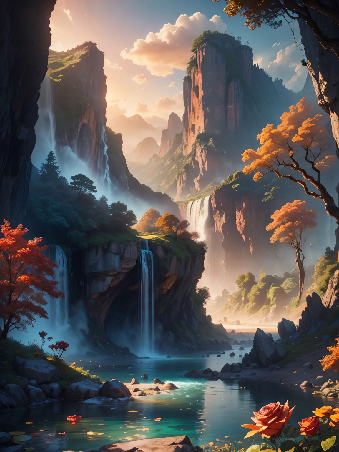 There is a large waterfall in the middle of a mountain, ((ancient city embedded in rock)), epic matte painting of an island, the lost city in the jungle, an Aztec city on an island lake, intricate and beautiful concept art, highly realistic concept art oil painting style, (((masterpiece))), high quality, extremely detailed CG unity 8k wallpaper, landscapes, outdoors, sky, cloud, nobody, mountain, landscape, water, tree, sunset sky with red and orange clouds, cliff waterfall, nature, lake, river, cloudy sky, award-winning photography, bokeh, depth of field, HDR, bloom, chromatic aberration, trending on artstation, trending on CGsociety, intricate, dramatic, midway art , high waterfall, painting of a river with rocks and trees in the foreground, near a river, jungle, crystal clear water, night light, evening sun behind red clouds with divergent sun rays, colorful, river with rocks, rock bridge , epic, fantasy, ((roses and flowers on the banks of the pond)), ((oil painting)), ((bridge rock))