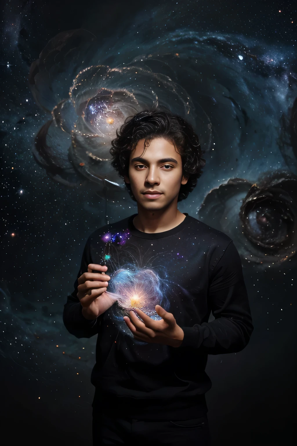 (best quality,masterpiece:1.2),1boy,pose,particle,wind,flower,upper body,simple background,looking at viewer,black wildly hair,cosmic,nebulas,galaxy